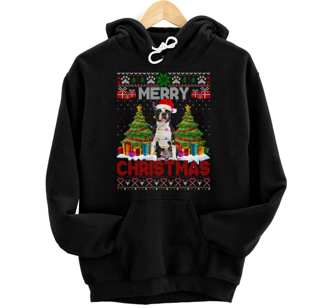 Personalized Christmas Santa Light Boston Terrier Family Ugly Sweater Pullover Hoodie