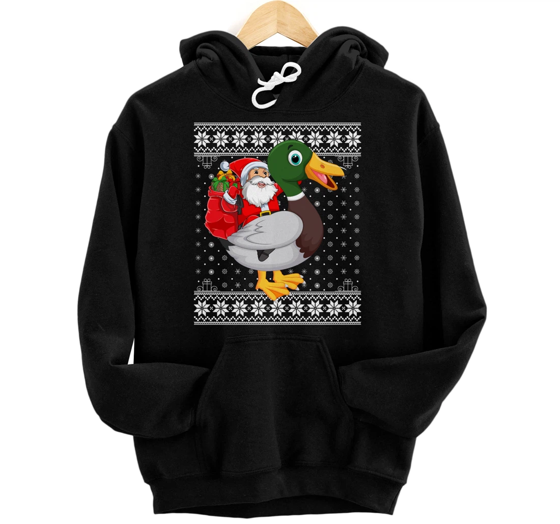 Personalized Ugly Xmas Sweater Style Santa Riding Duck Christmas Pullover Hoodie