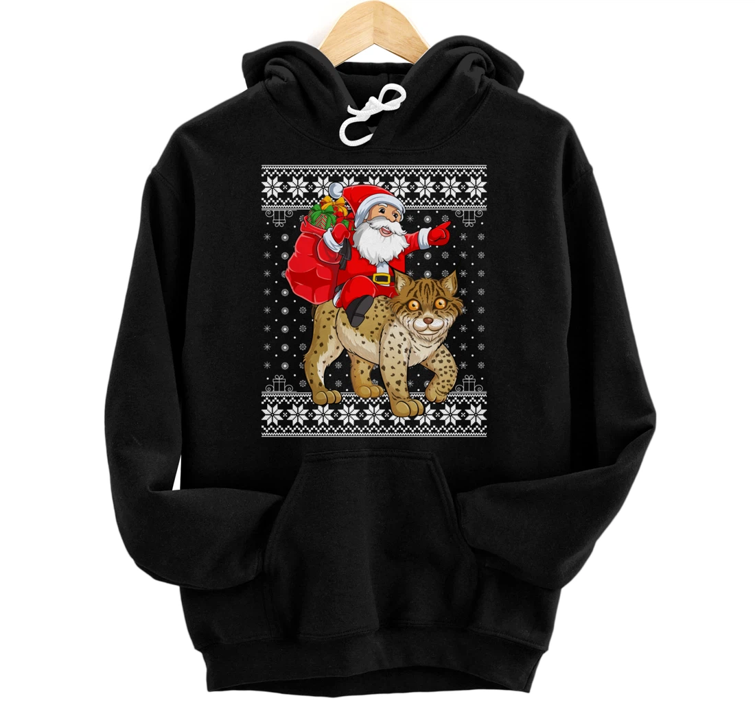 Personalized Ugly Xmas Sweater Style Santa Riding Lynx Christmas Pullover Hoodie