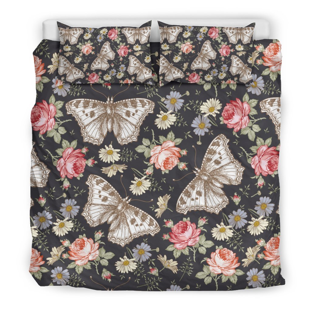 Rose Monarch Butterfly Pattern Print Duvet Cover Bedding Set - Bedding Set, Duvet Cover, Quilt, Pillow, Blanket