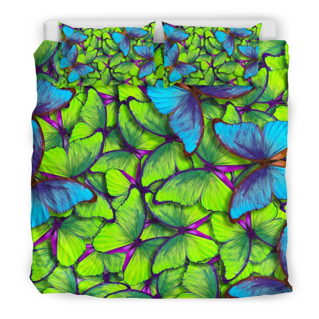 Green Blue Butterfly Pattern Print Duvet Cover Bedding Set - Bedding Set, Duvet Cover, Quilt, Pillow, Blanket