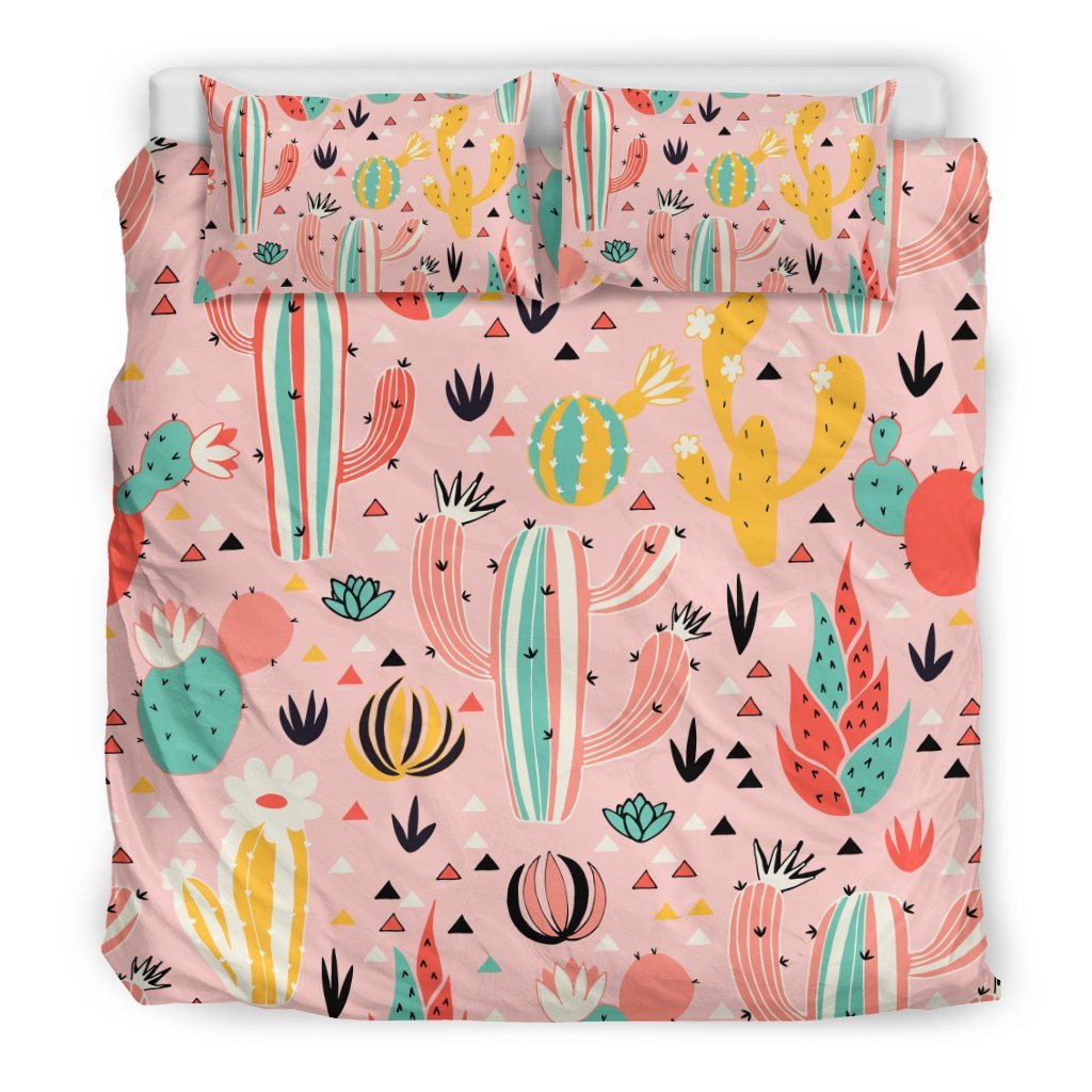 Pink Cactus Pattern Print Duvet Cover Bedding Set - Bedding Set, Duvet Cover, Quilt, Pillow, Blanket