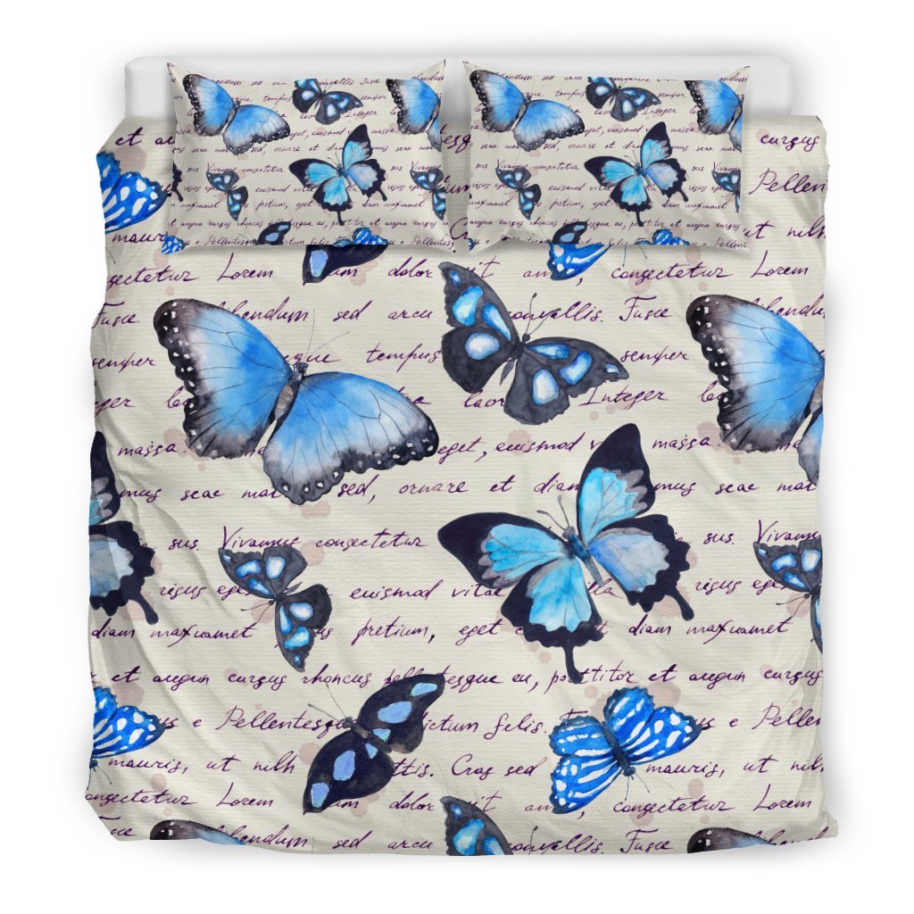 Butterfly Blue Pattern Print Duvet Cover Bedding Set - Bedding Set, Duvet Cover, Quilt, Pillow, Blanket