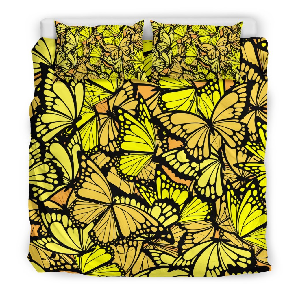 Yellow Monarch Butterfly Pattern Print Duvet Cover Bedding Set - Bedding Set, Duvet Cover, Quilt, Pillow, Blanket