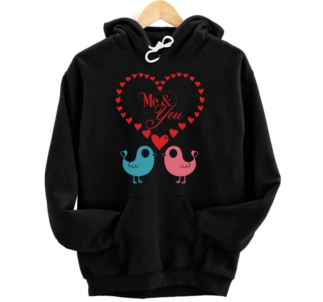 Personalized You And Me Lovebirds Kissing Red Hearts Lovers Valentine's Pullover Hoodie