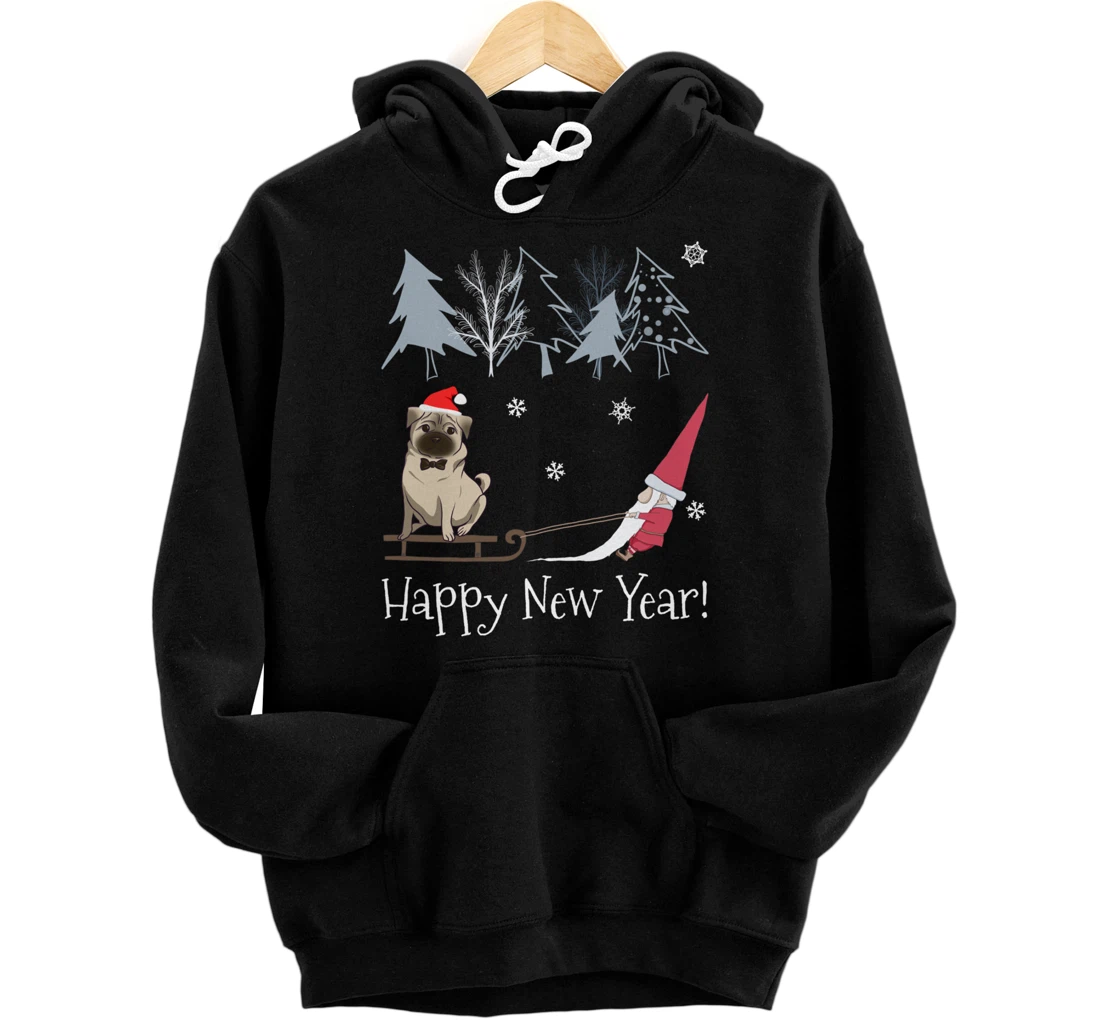 Personalized Happy New Year - Funny Retro Gnome & Pug Dog Lover Christmas Pullover Hoodie