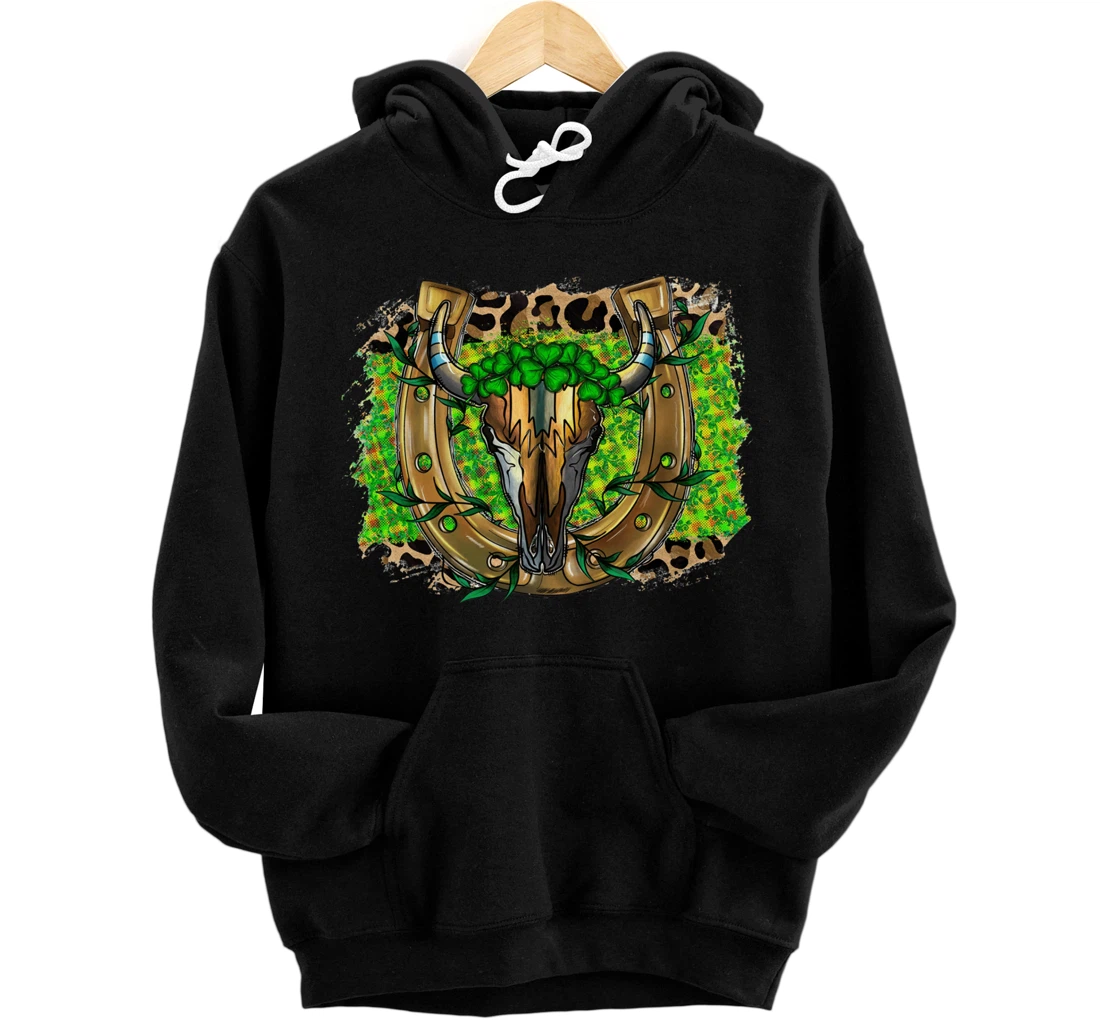 Personalized St Patricks Day Skull Shamrock Horseshoe Western Paddy's Day Pullover Hoodie