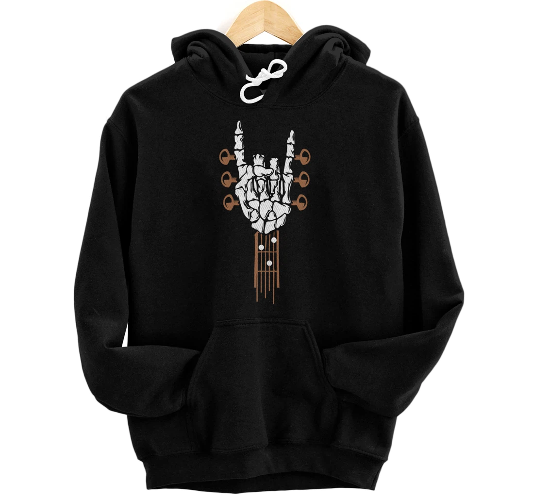 Personalized Rock On Guitar Neck Skeleton Hand Bones Rock & Roll Music Pullover Hoodie