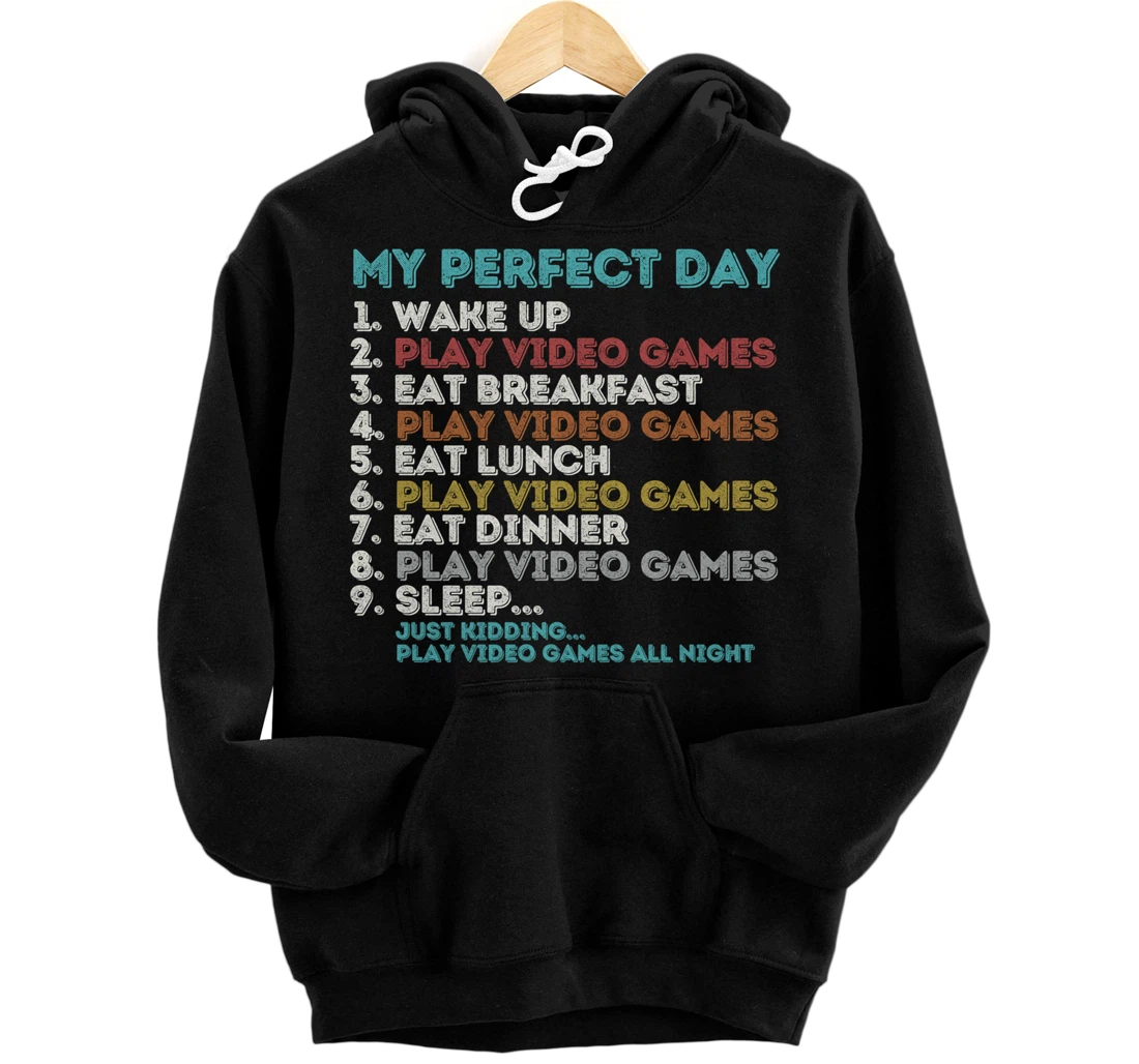 Personalized Vintage Retro My Perfect Day Gaming Apparel Funny Gamer Pullover Hoodie