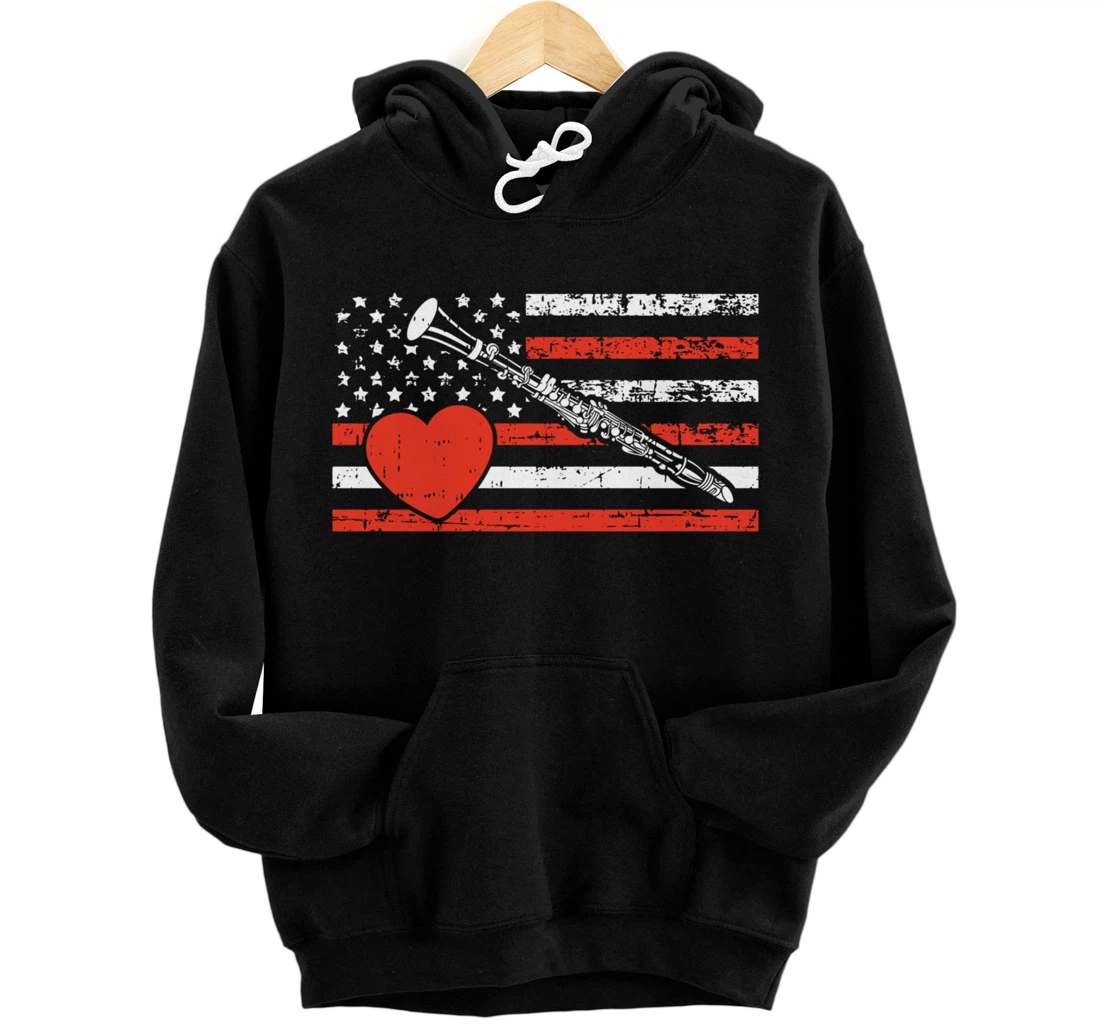 Personalized Clarinet American Flag Heart Valentines Day Band Musician Pullover Hoodie