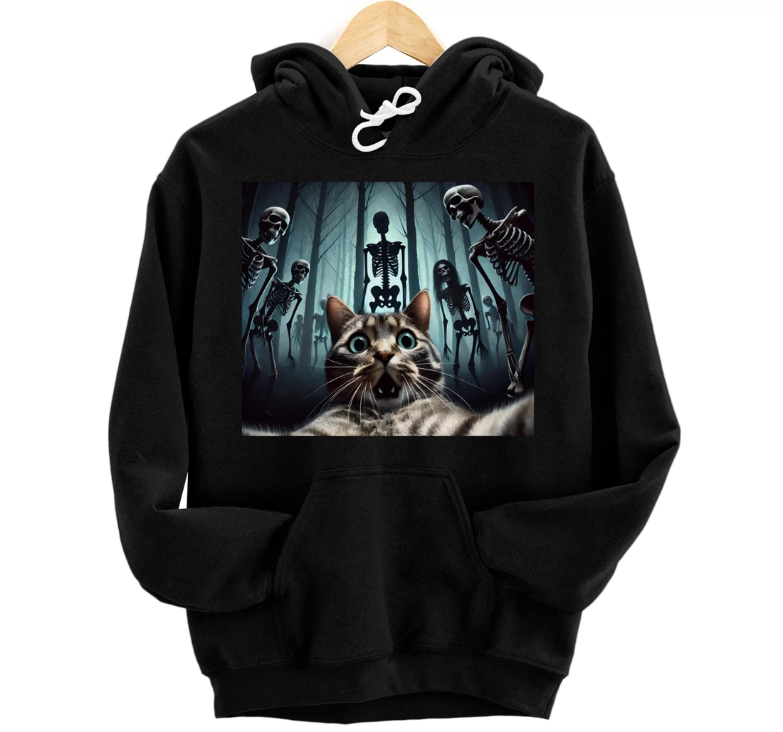 Personalized Cat Selfie with Spooky Skeletons Halloween design Pullover Hoodie