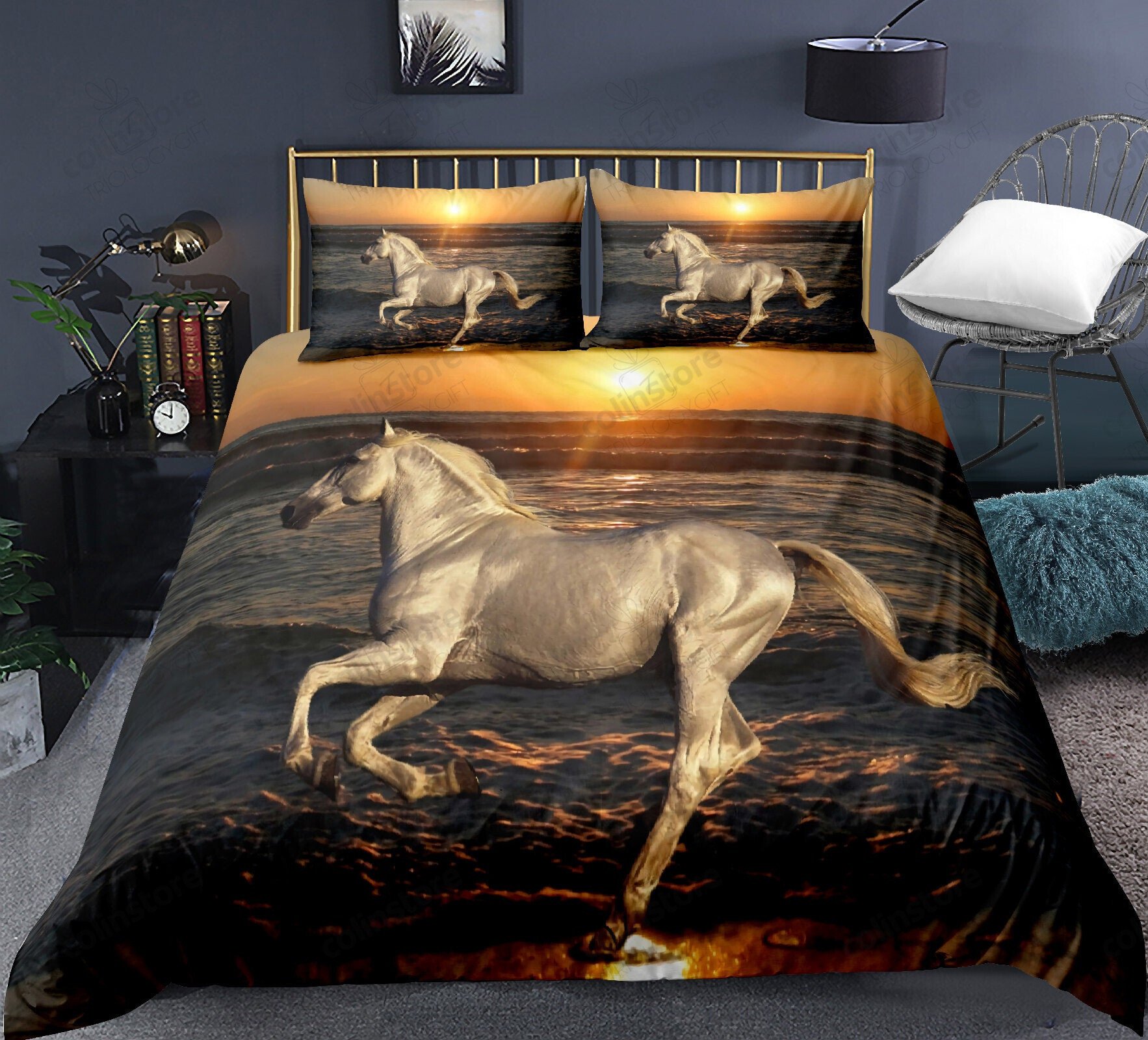 Horse Bedding Set Running Wild Horses Pattern Duvet Cover Set For Kids Toddler Boys Farm Animal Set Ultra - Bedding Set, Duvet Cover, Quilt, Pillow, Blanket