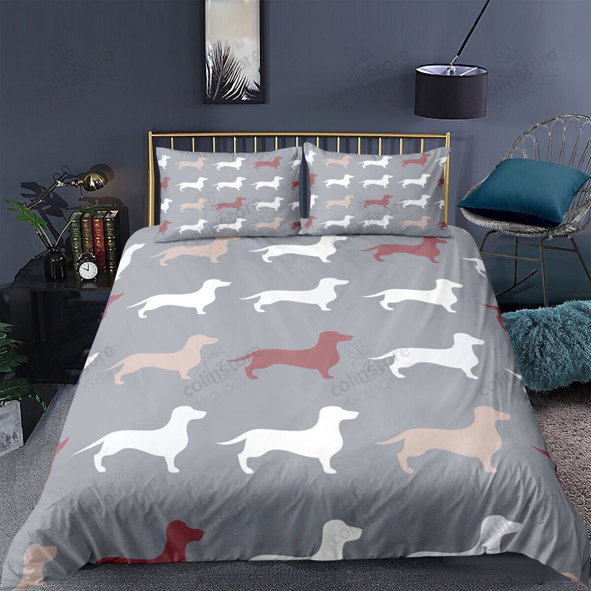 Dog Duvet Cover Set, Contemporary Colorful Illustration Of An Animal With Contours In A Retro Style Of Print Art, Bedding Set - Bedding Set, Duvet Cover, Quilt, Pillow, Blanket