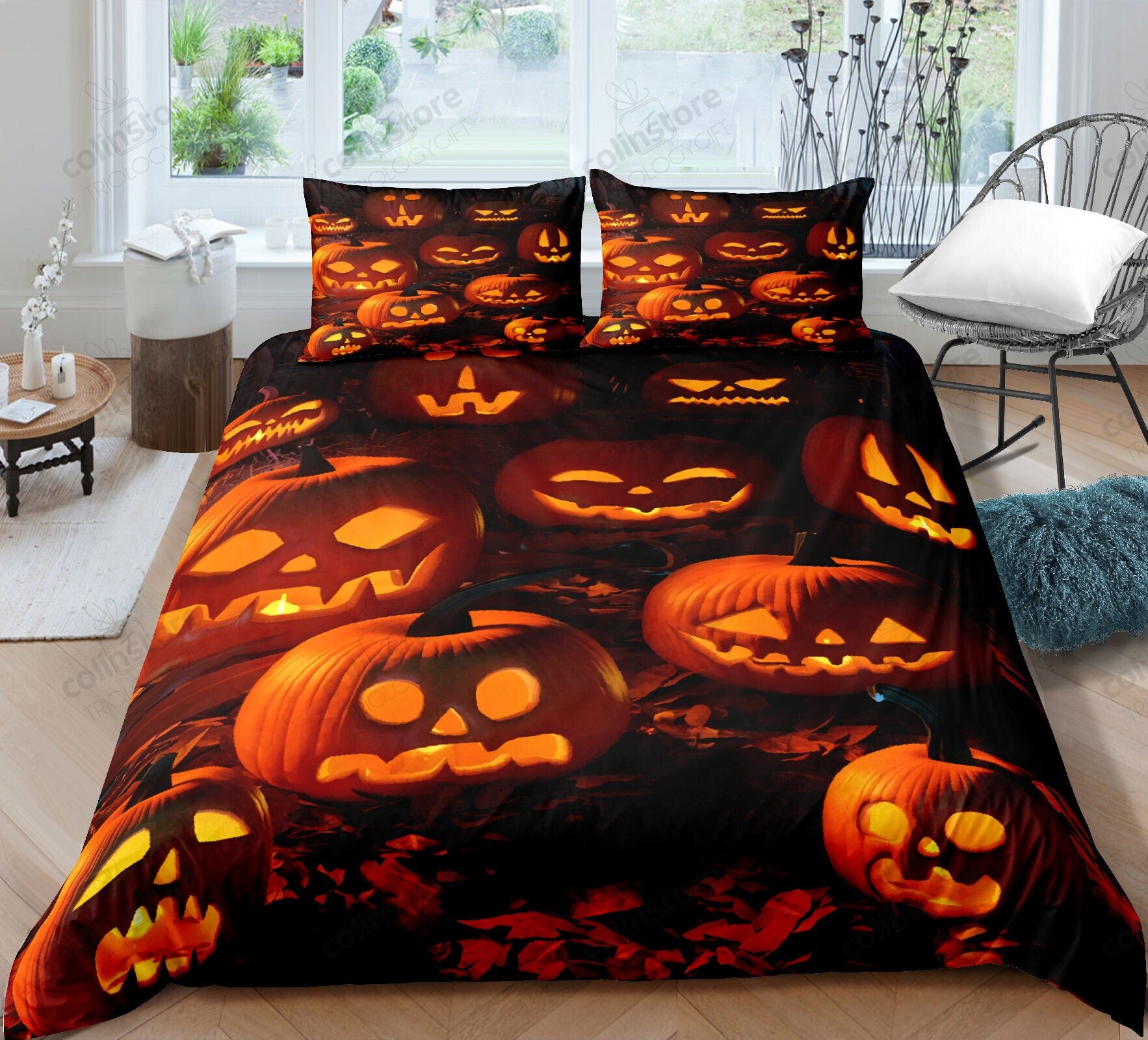 Duvet Cover, Quilt, Pillow, Blanket - Halloween Bedding Set Pumpkin Duvet Cover Set Halloween Pumpkin Ghost Festival Themed Bedding Set King Bedding Set