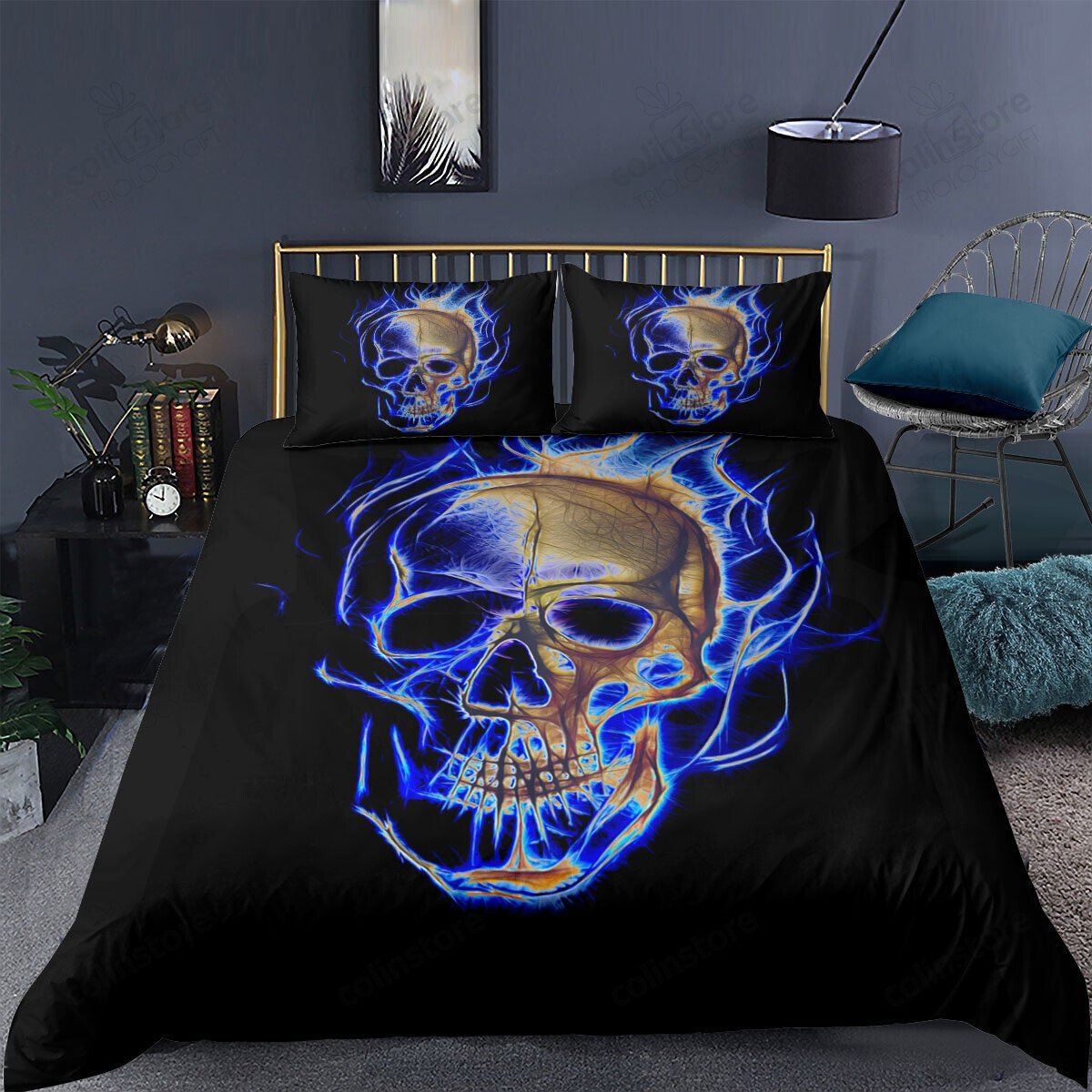 Blue Skull Duvet Cover Set Skeleton Bedding Tribal Bedding Set Print Black And Blue Ghost Bed Set ( Queen ) - Bedding Set, Duvet Cover, Quilt, Pillow, Blanket