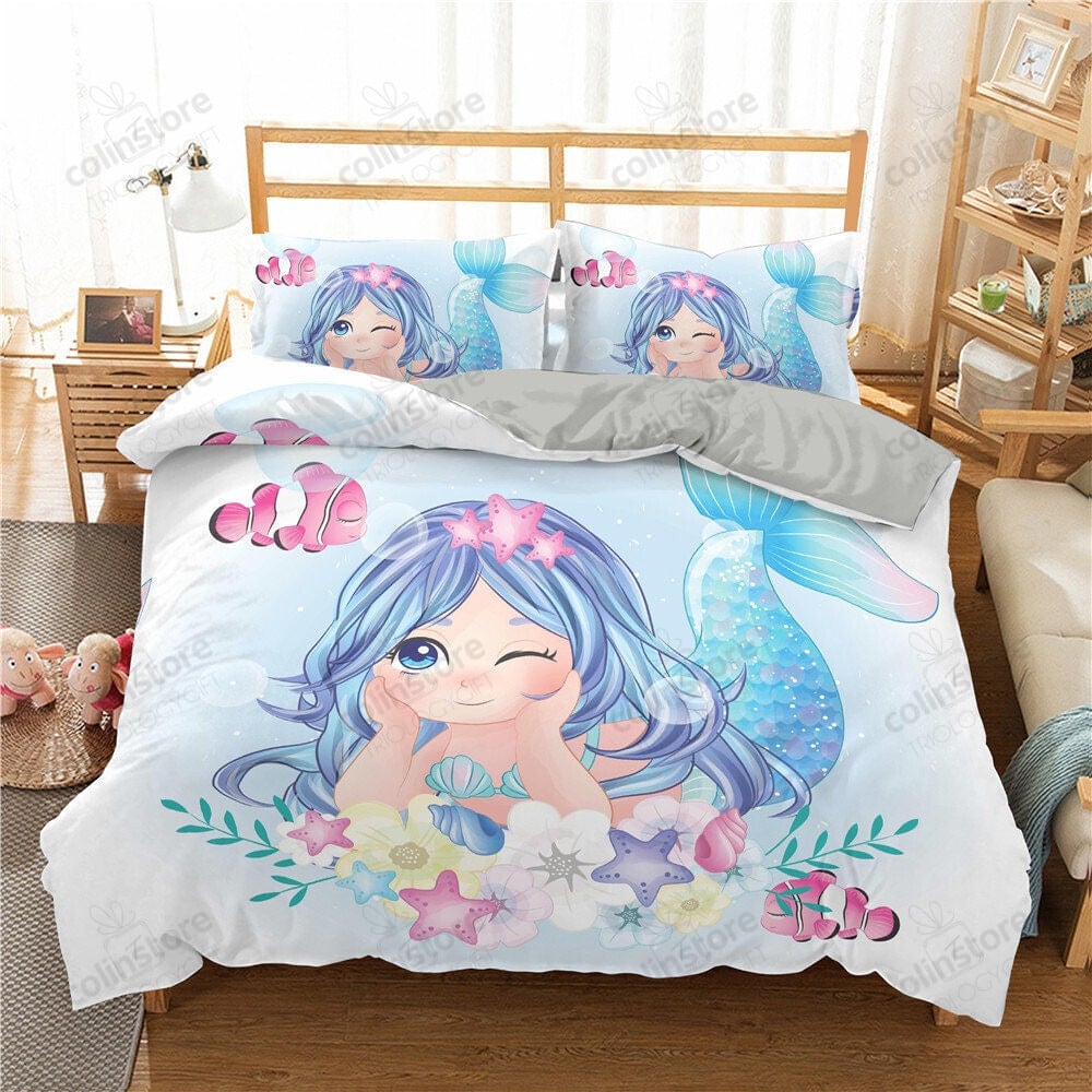 Beautiful Mermaid Red Hair King Coral Printed Duvet Sets King Background Ultra Soft Bedding Set - Bedding Set, Duvet Cover, Quilt, Pillow, Blanket