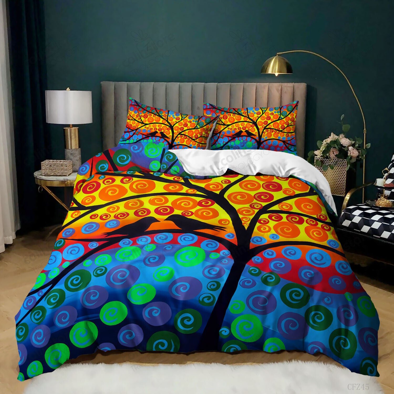 Rainbow Tree 3pc Bedding Set King Colourful Tree Branch Duvet Cover Set Lightweight Microfiber Print Tree Branch Pattern Watercolor Branch - Bedding Set, Duvet Cover, Quilt, Pillow, Blanket