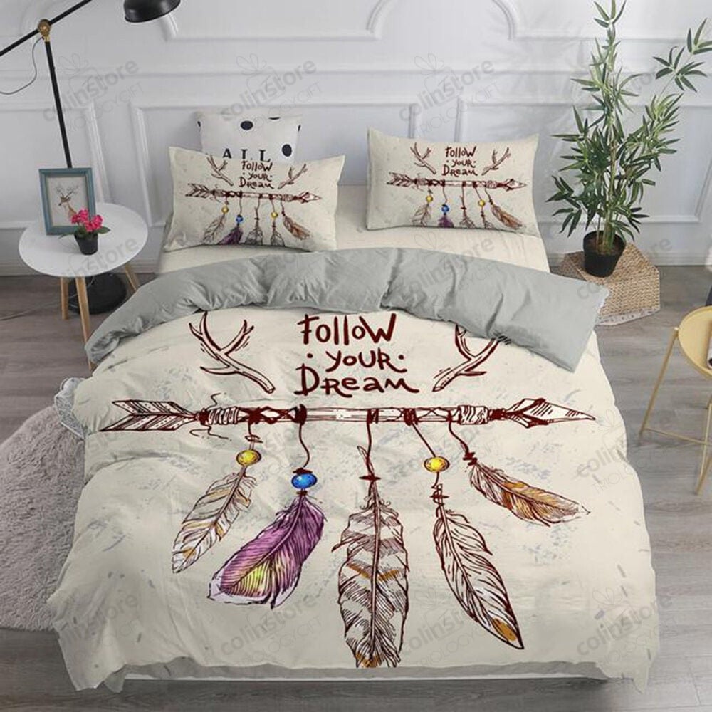 Dreamcatcher Duvet Cover Set, Vintage Feather Pattern Bedding Sets Soft Luxury Microfiber , Bohemian Style Quilt - Bedding Set, Duvet Cover, Quilt, Pillow, Blanket
