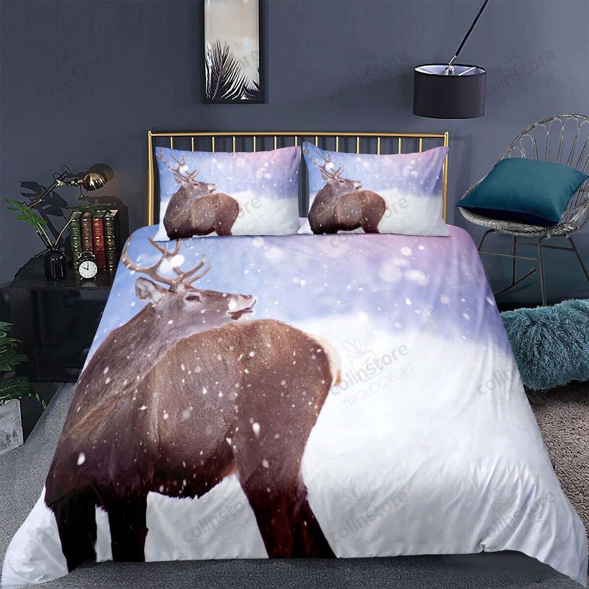 Deer Wildlife Elk Print Duvet Cover Set Wild Animal Theme Bedding Set For Kids Boys Teens Deer Silhouettes - Bedding Set, Duvet Cover, Quilt, Pillow, Blanket