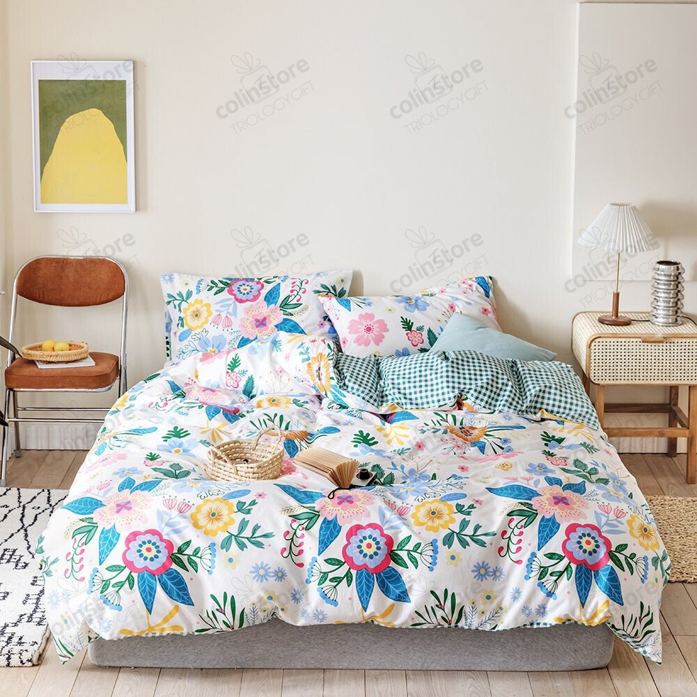 Botanical Duvet Cover Set, Bedding, Yellow Flowers And Green Leaves Floral Garden Pattern Printed On White ( 2pcs, ) - Bedding Set, Duvet Cover, Quilt, Pillow, Blanket