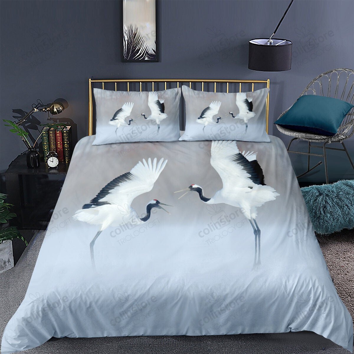 Duvet Cover Set,Dancing Pair Of Red-Crowned Crane With Open Wings In Flight Romantic Bird Print,Decorative Bedding Set - Bedding Set, Duvet Cover, Quilt, Pillow, Blanket