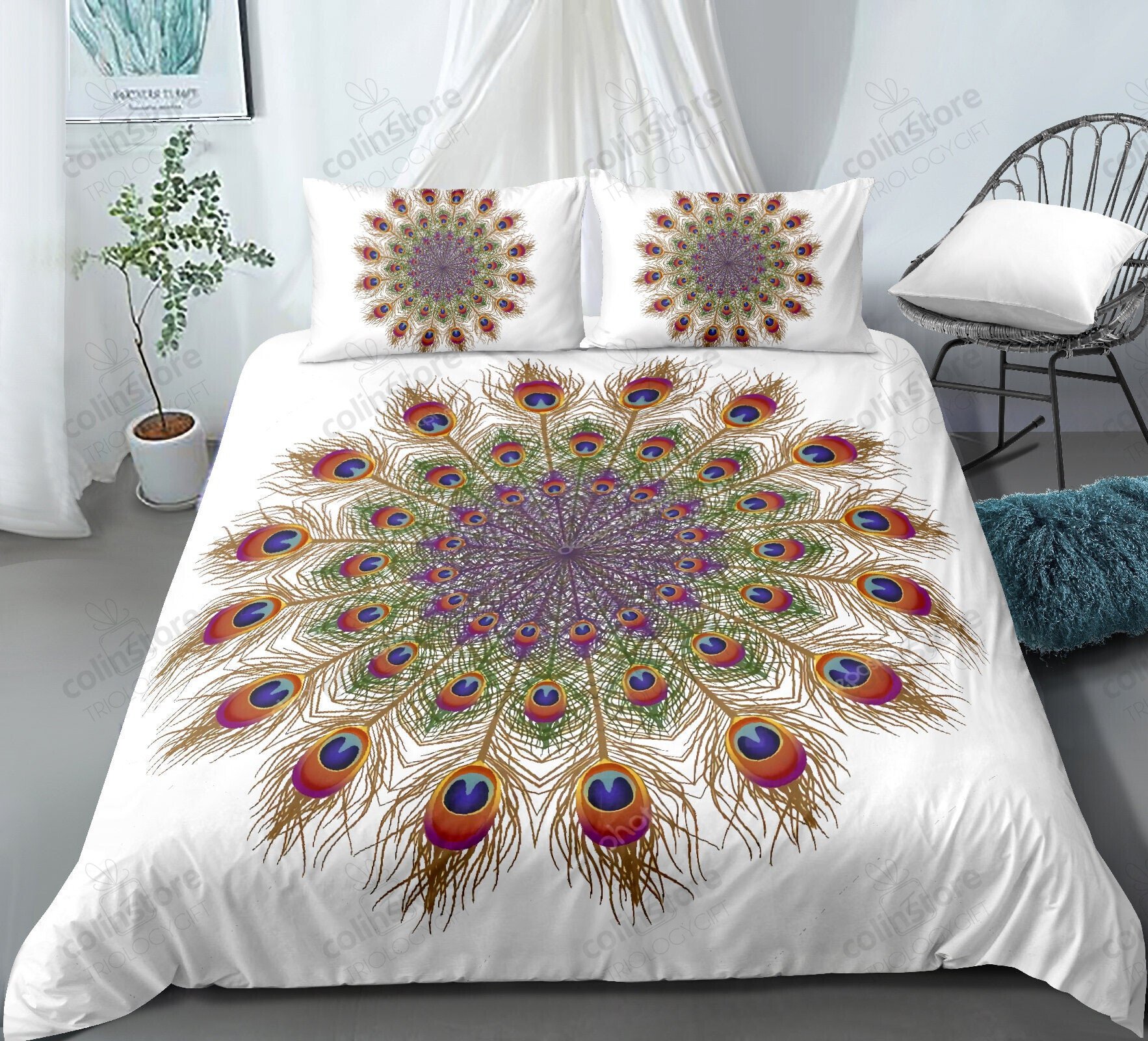 Peacock Duvet Cover Set,Peacock Displaying Elongated Creature Majestic Feathers Open Wings Exotic Bird Picture,3Piece Bedding Set - Bedding Set, Duvet Cover, Quilt, Pillow, Blanket