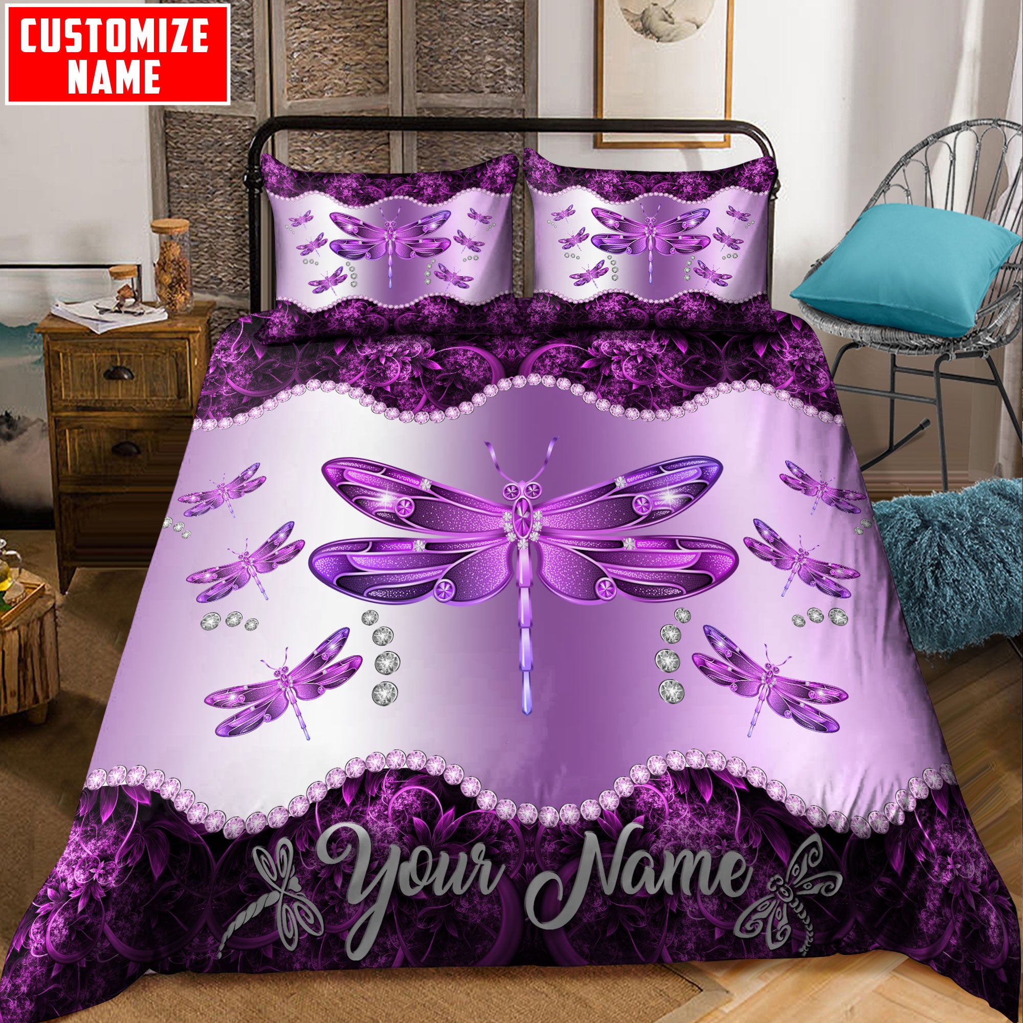 Personalized Dragonfly Bedding Set - Bedding Set, Duvet Cover, Quilt, Pillow, Blanket