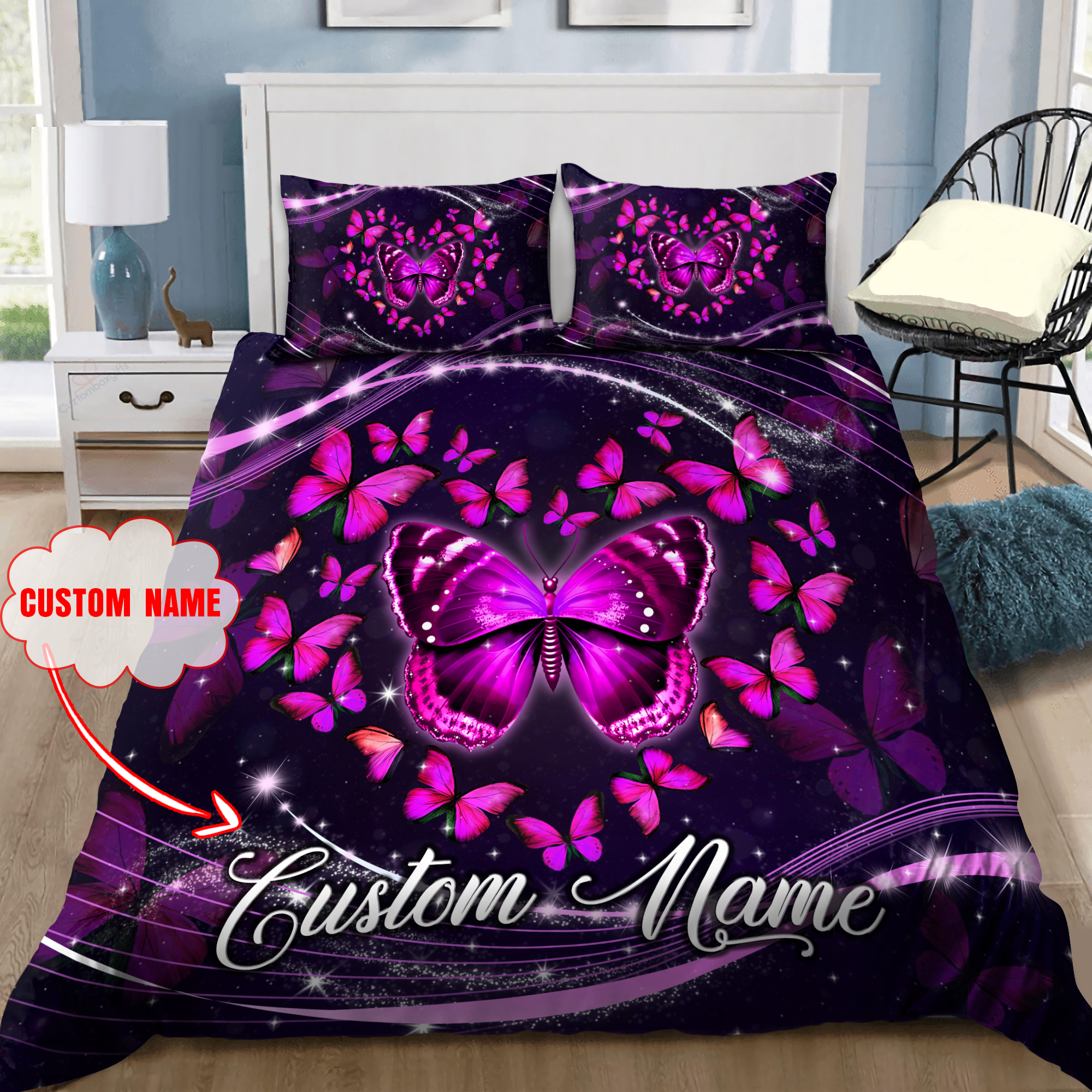 Personalized Butterfly Heart Purple Printed Bedding Set MHDH - Bedding Set, Duvet Cover, Quilt, Pillow, Blanket