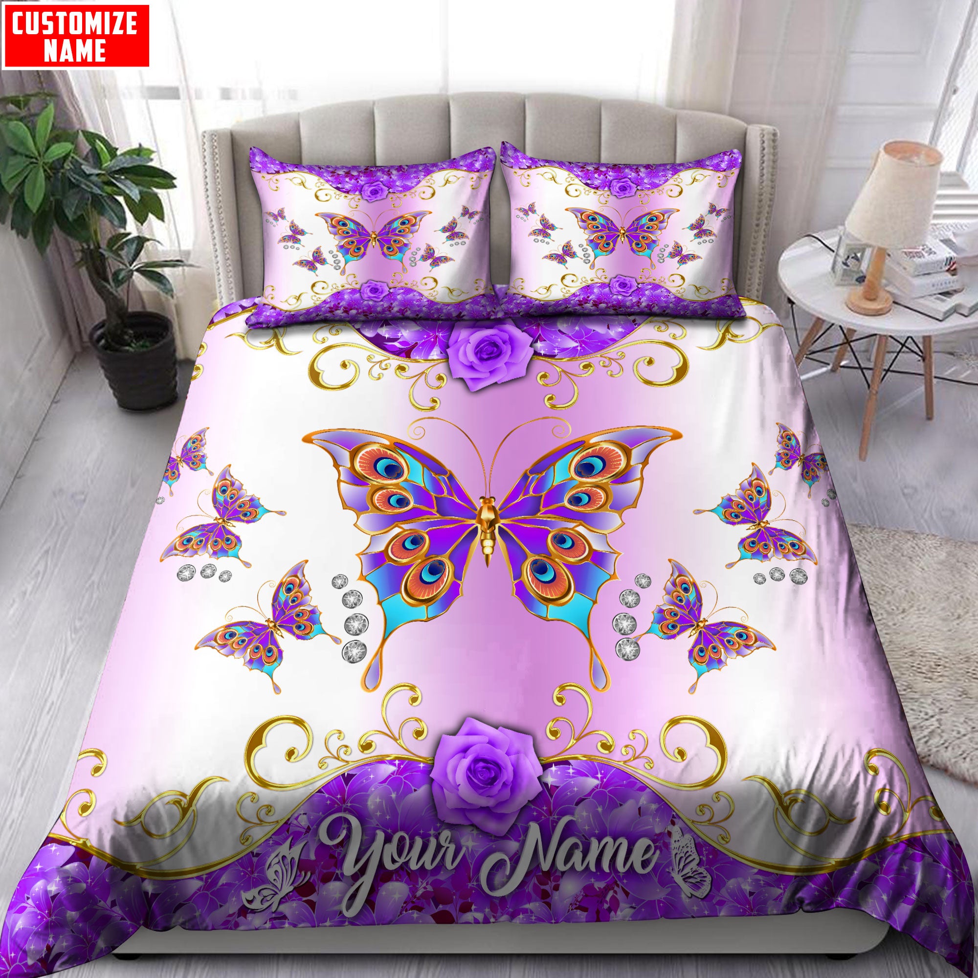 Butterfly Personalized Purple Flower Bedding Set - Bedding Set, Duvet Cover, Quilt, Pillow, Blanket