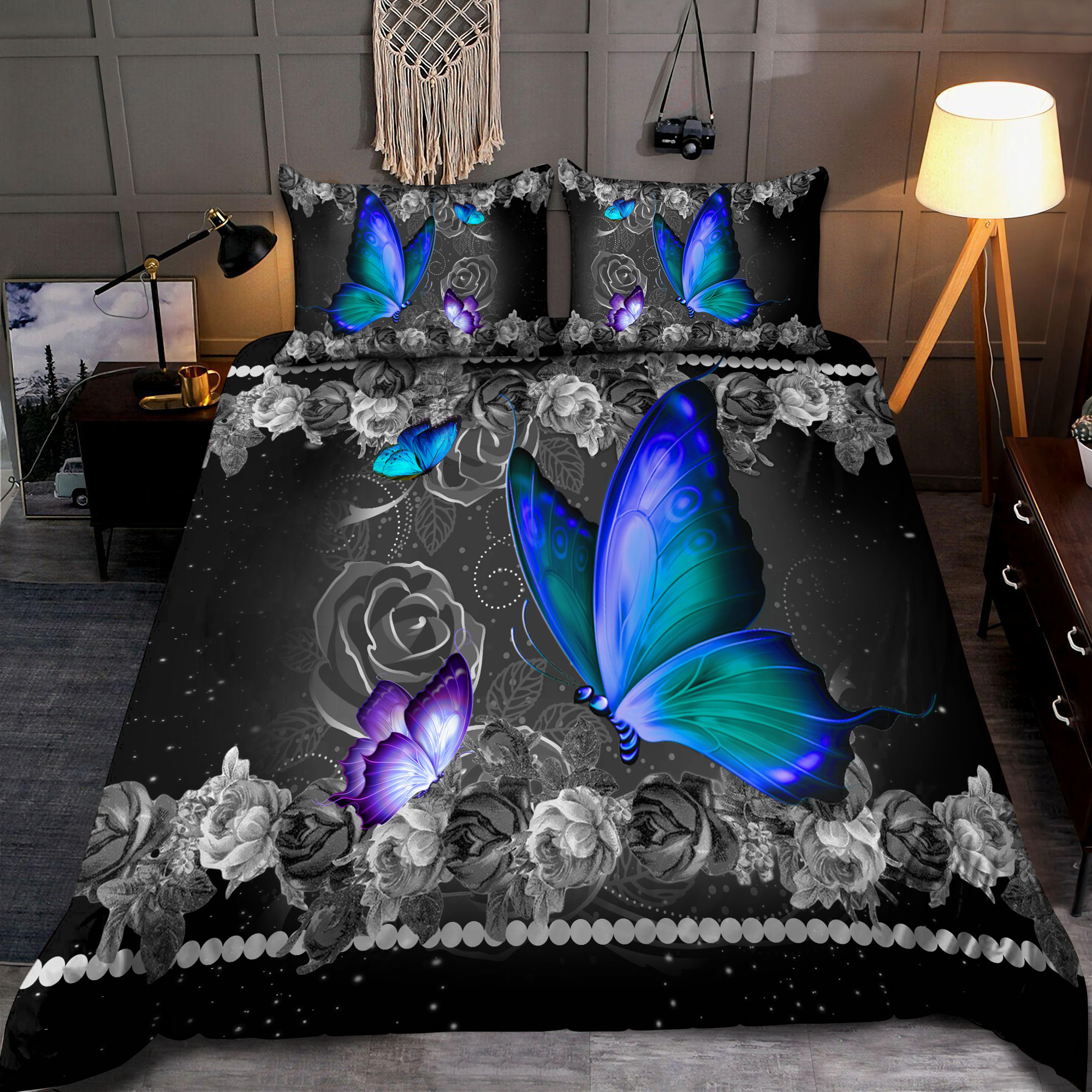 Butterfly Purple Blue Rose Printed Bedding Set NHDH - Bedding Set, Duvet Cover, Quilt, Pillow, Blanket