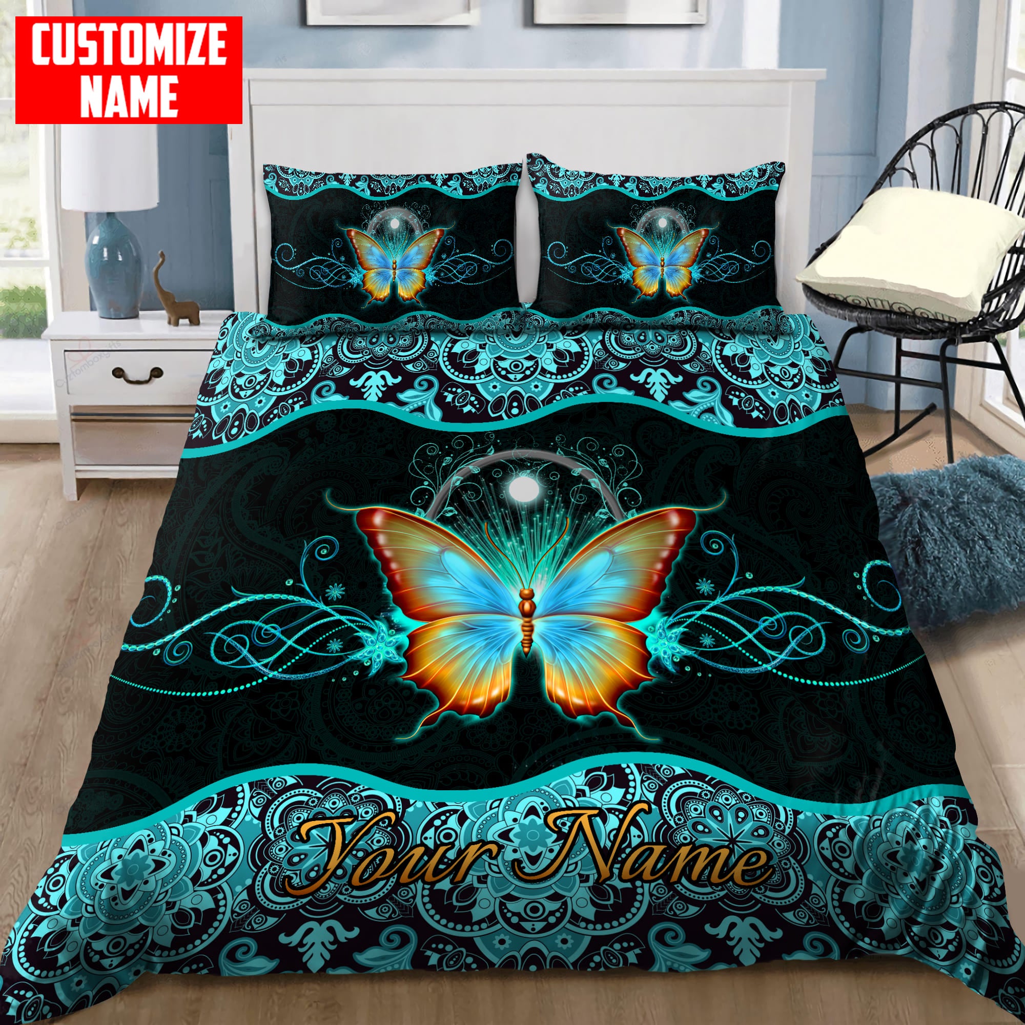 Personalized Butterfly Moon Printed Bedding Set KLDH - Bedding Set, Duvet Cover, Quilt, Pillow, Blanket