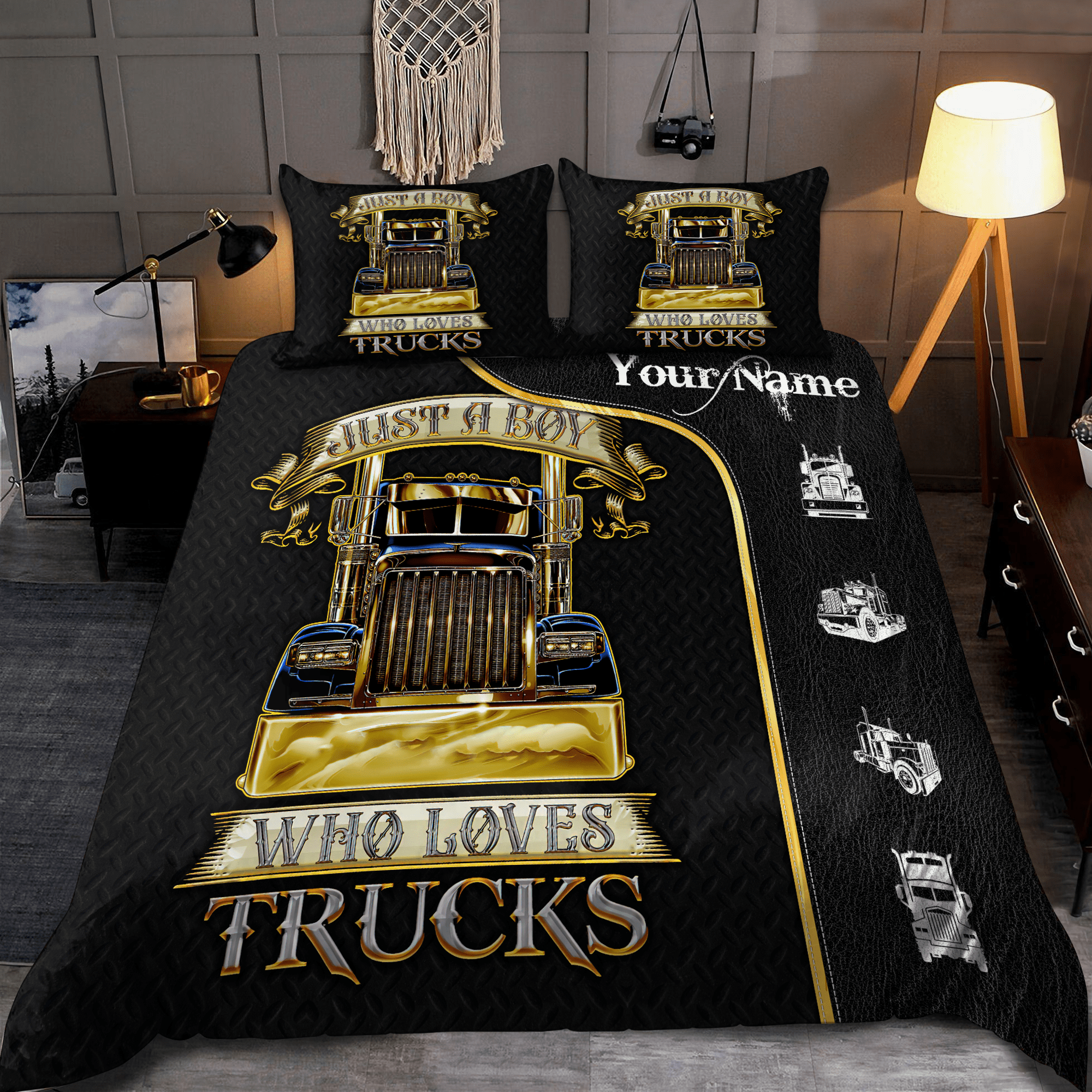 Personalized Trucker - Just A Boy Who Loves Trucks Bedding Set - Bedding Set, Duvet Cover, Quilt, Pillow, Blanket