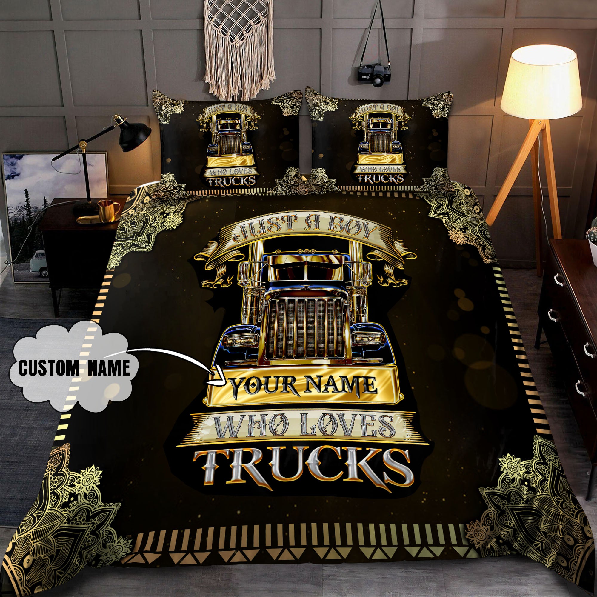 Personalized Trucker - Just A Boy Who Loves Trucks Bedding Set - Bedding Set, Duvet Cover, Quilt, Pillow, Blanket
