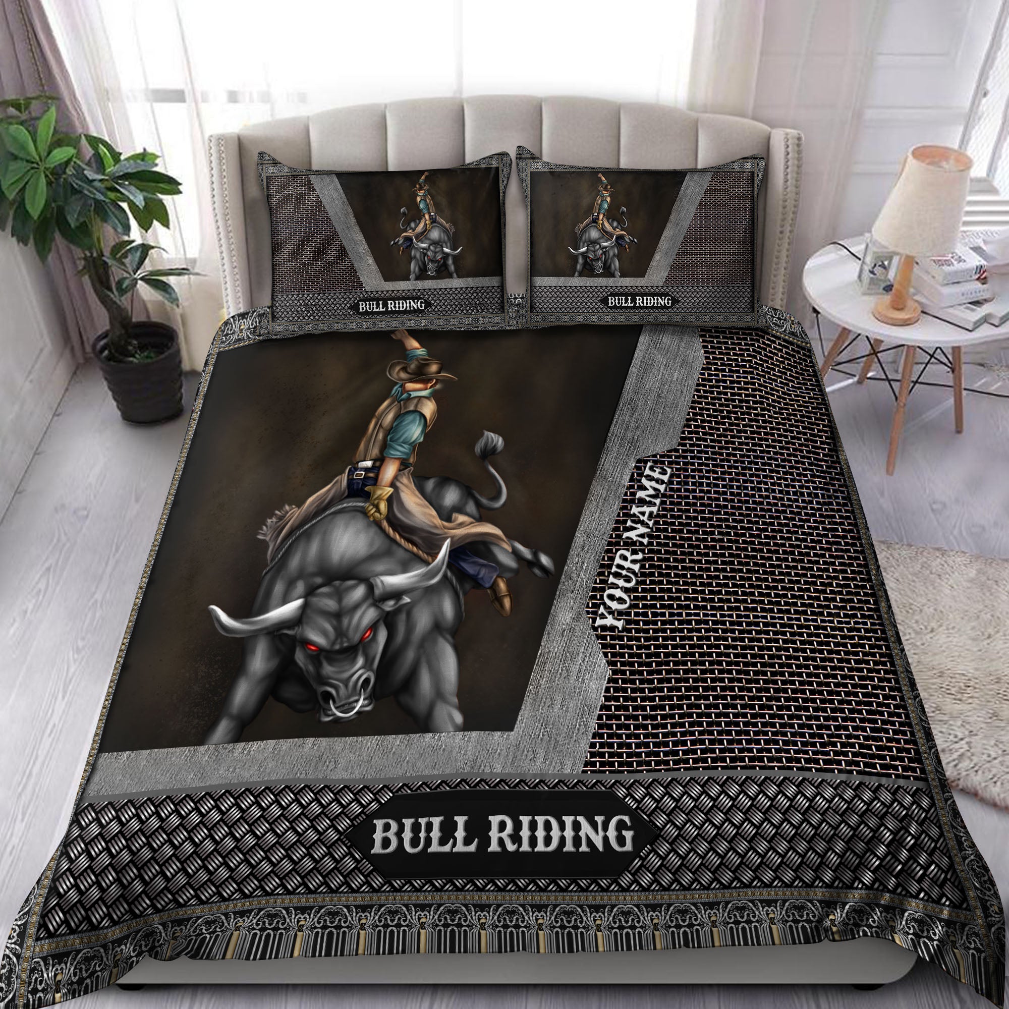 Tmarctee Customized Name Bull Riding Bedding Set SNND - Bedding Set, Duvet Cover, Quilt, Pillow, Blanket