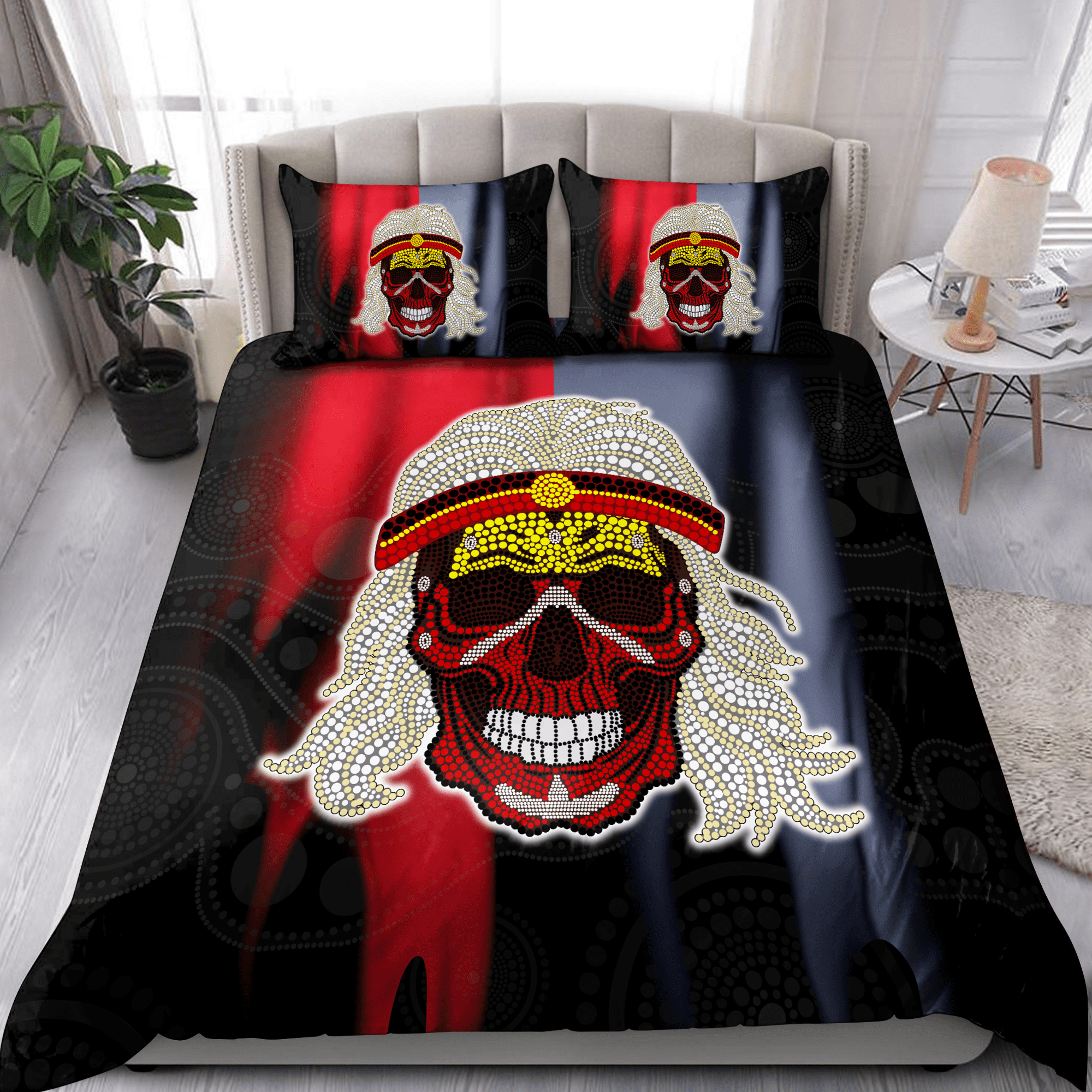 Aboriginal Flag Indigenous Skull Bedding Set - Bedding Set, Duvet Cover, Quilt, Pillow, Blanket