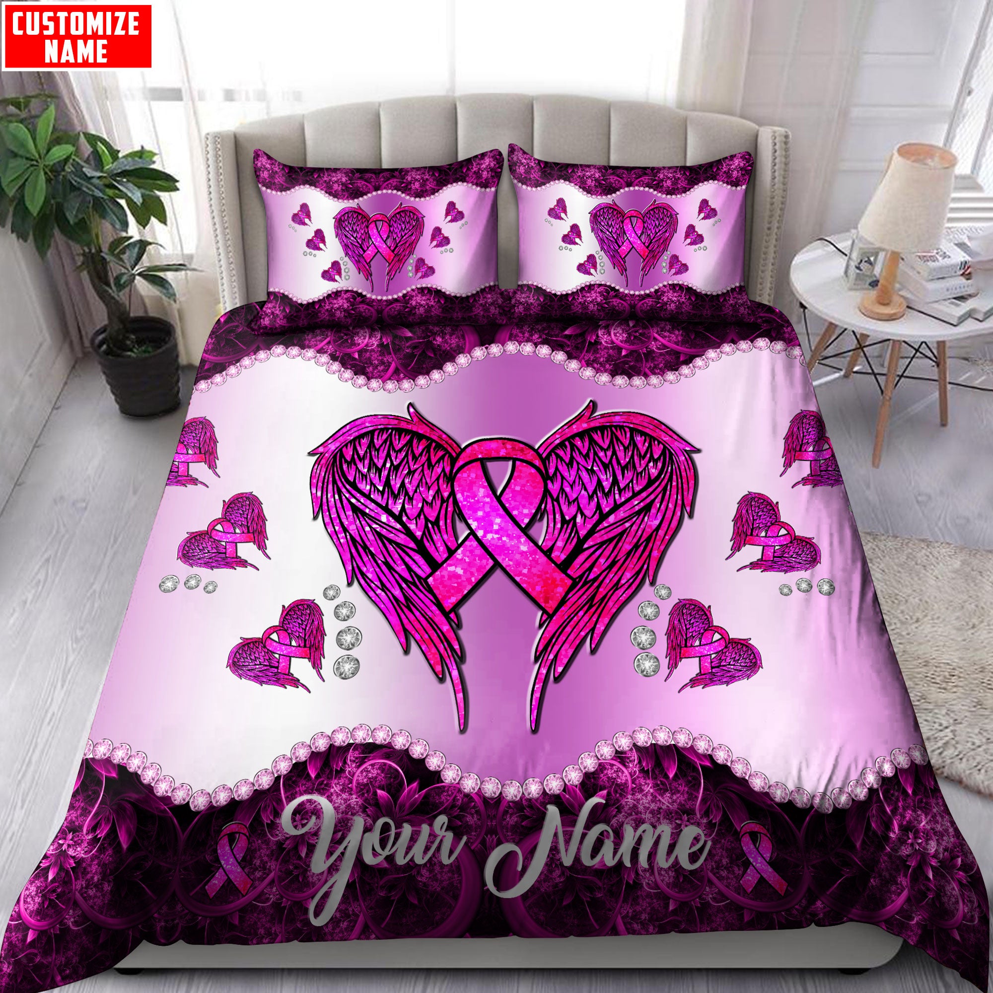 Customized Name Breast Cancer Awareness Bedding Set - Bedding Set, Duvet Cover, Quilt, Pillow, Blanket