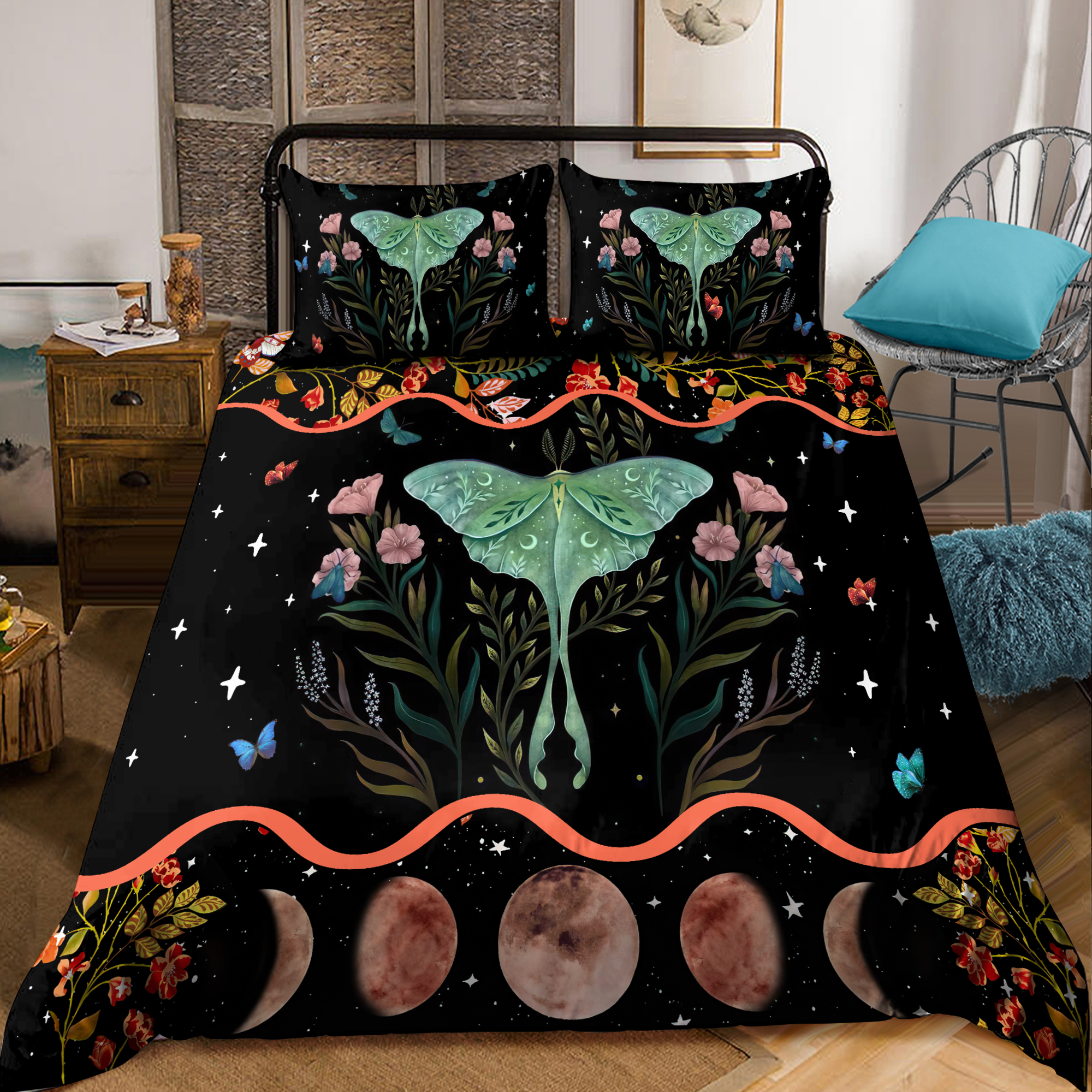 Butterfly Moon Phase Bedding Set NHBM - Bedding Set, Duvet Cover, Quilt, Pillow, Blanket