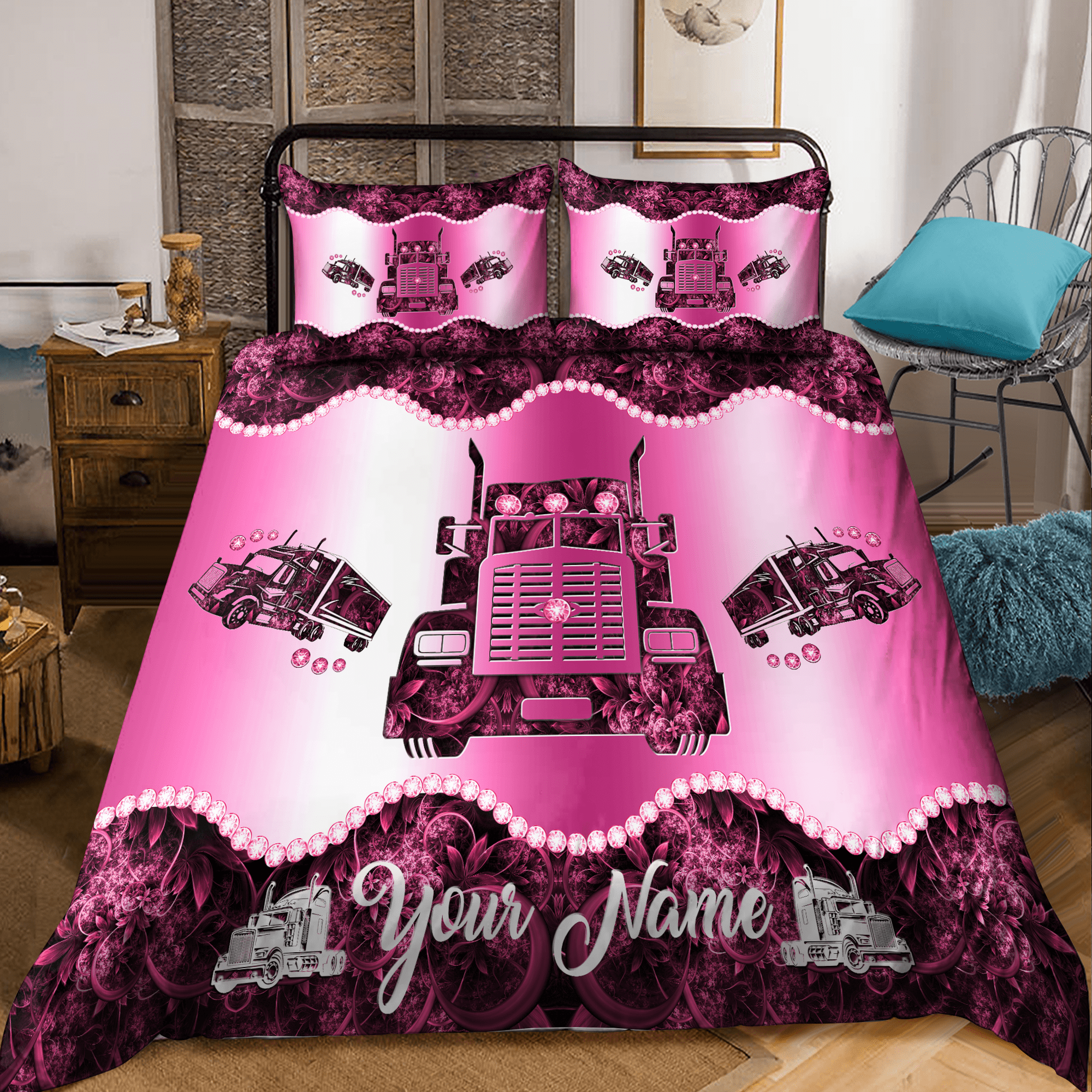 Customized Name Trucker Bedding Set DA - Bedding Set, Duvet Cover, Quilt, Pillow, Blanket
