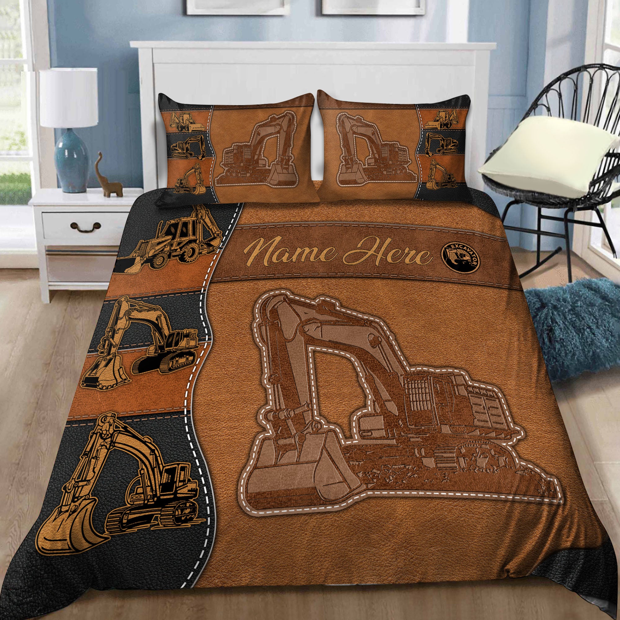 Personalized Excavator Bedding Set - Bedding Set, Duvet Cover, Quilt, Pillow, Blanket