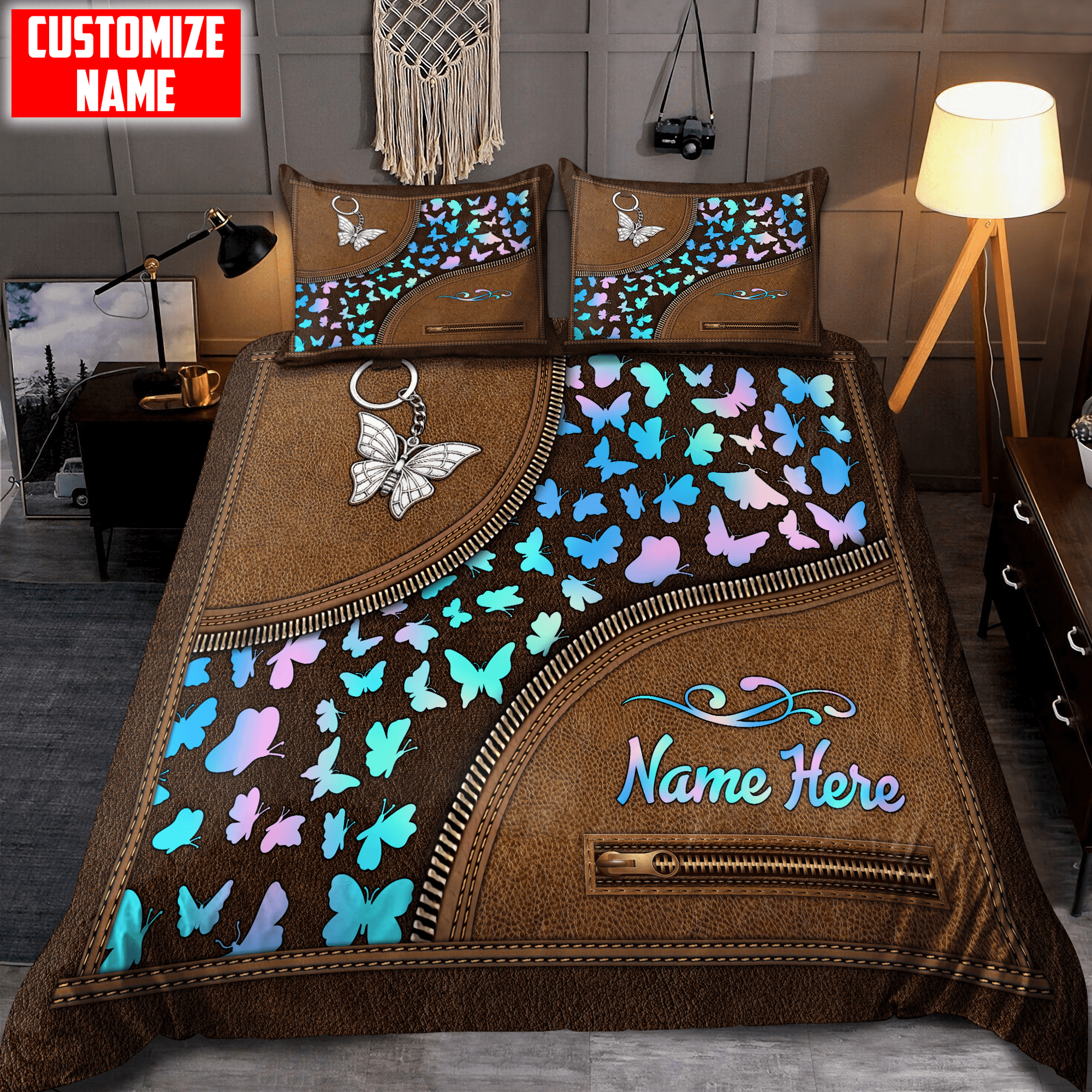 Personalized Butterfly Leather Printed Bedding Set DD - Bedding Set, Duvet Cover, Quilt, Pillow, Blanket