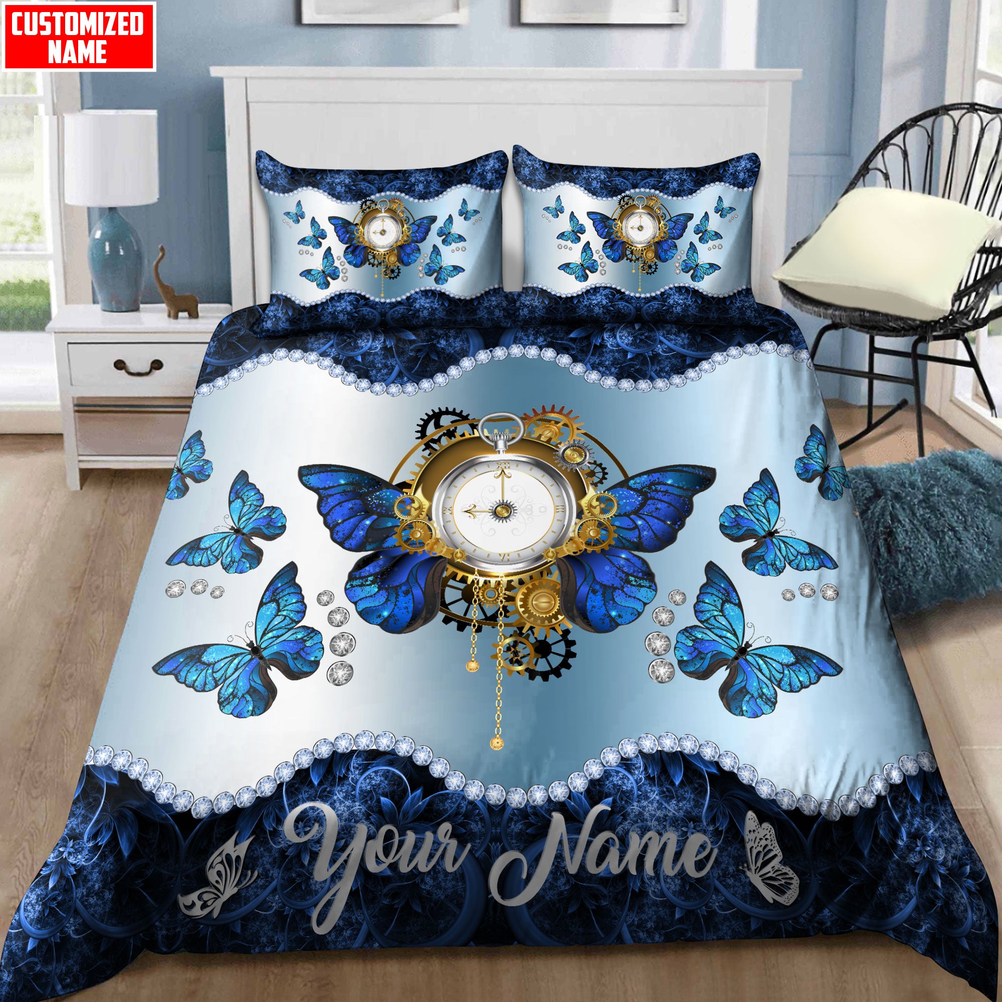 Customized Name Butterfly Bedding Set - Bedding Set, Duvet Cover, Quilt, Pillow, Blanket