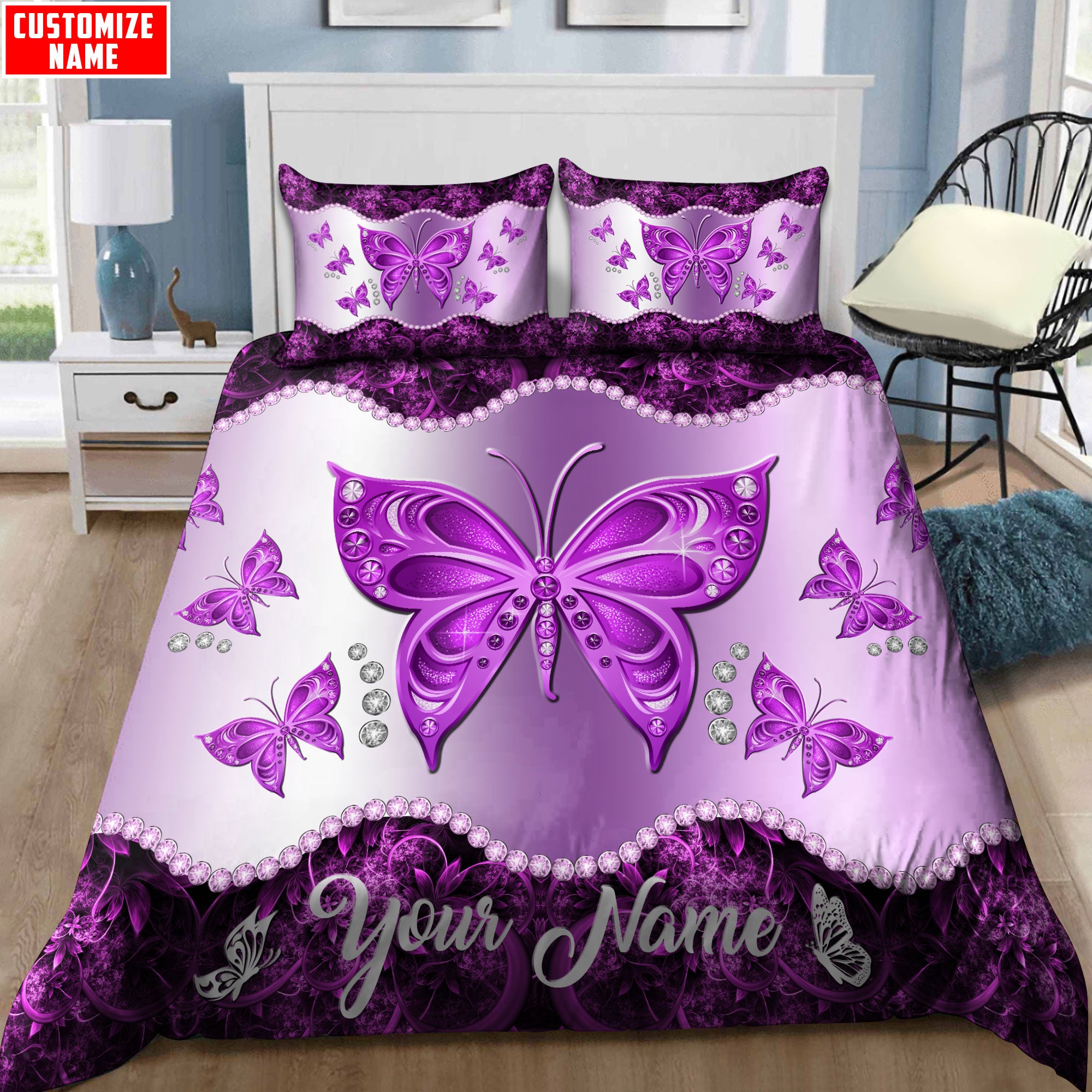 Customized Name Butterfly Bedding Set - Bedding Set, Duvet Cover, Quilt, Pillow, Blanket