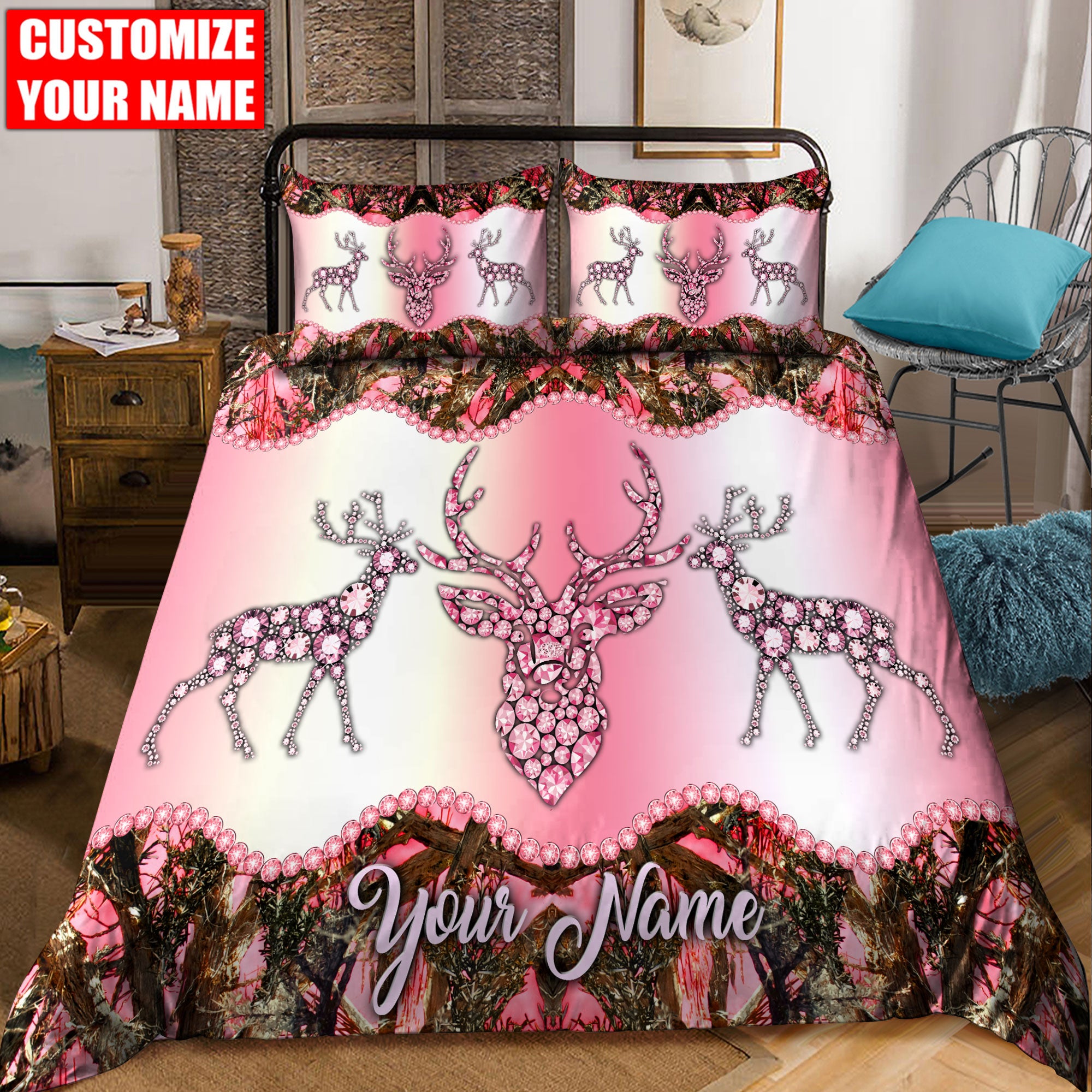 Customized Name Deer Couple Bedding Set - Bedding Set, Duvet Cover, Quilt, Pillow, Blanket