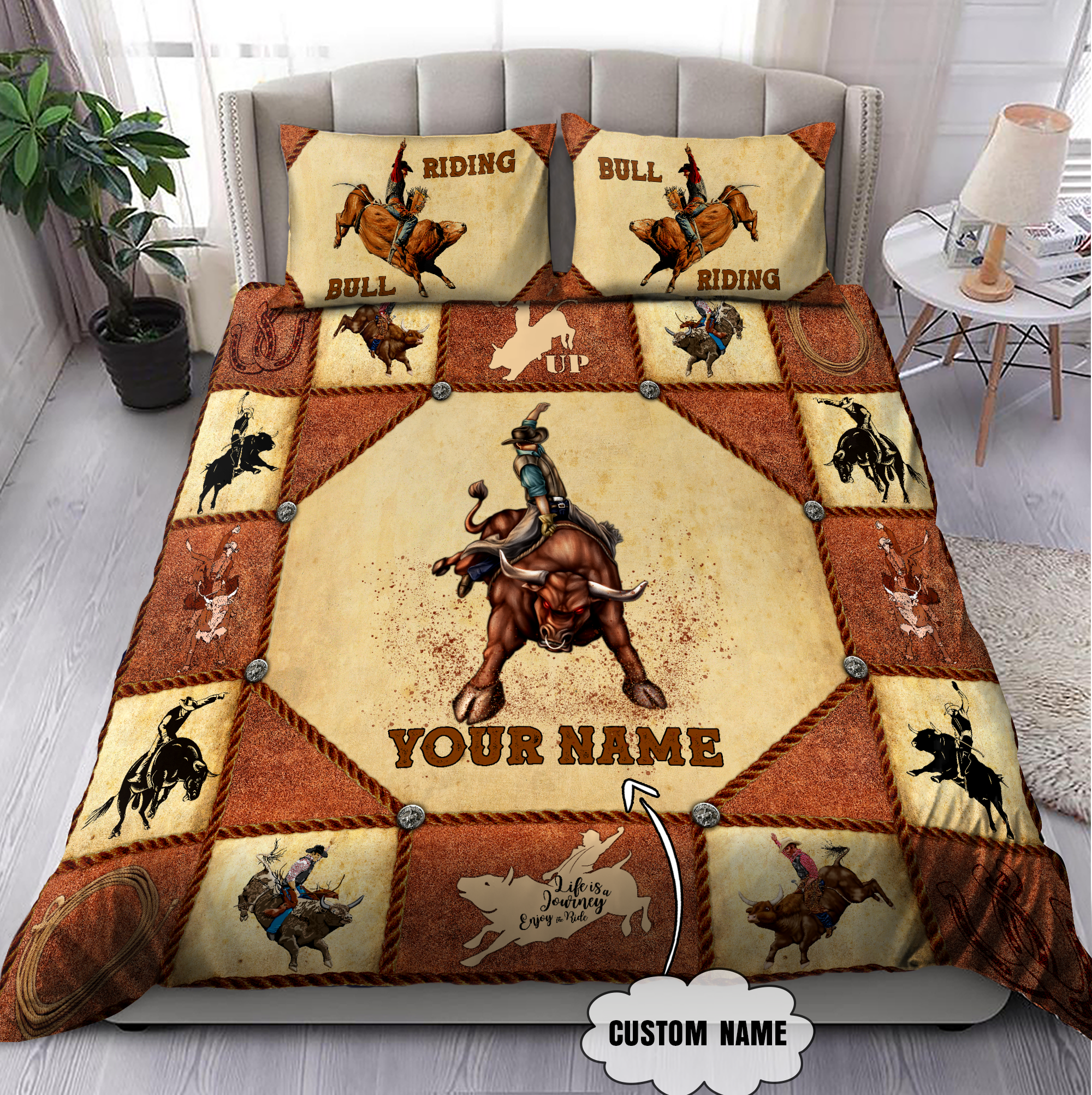Tmarctee Customized Name Bull Riding Bedding Set PDND - Bedding Set, Duvet Cover, Quilt, Pillow, Blanket