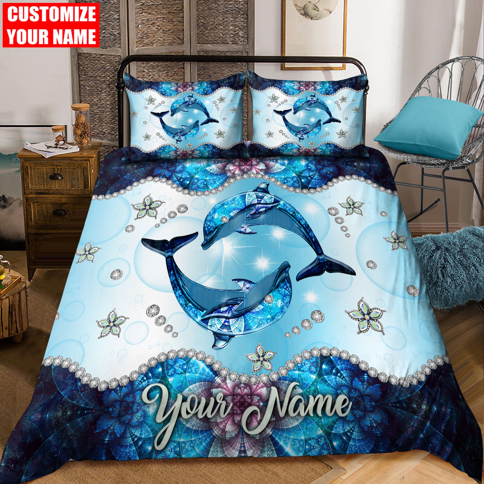 Personalized Dolphin Bedding Set - Bedding Set, Duvet Cover, Quilt, Pillow, Blanket
