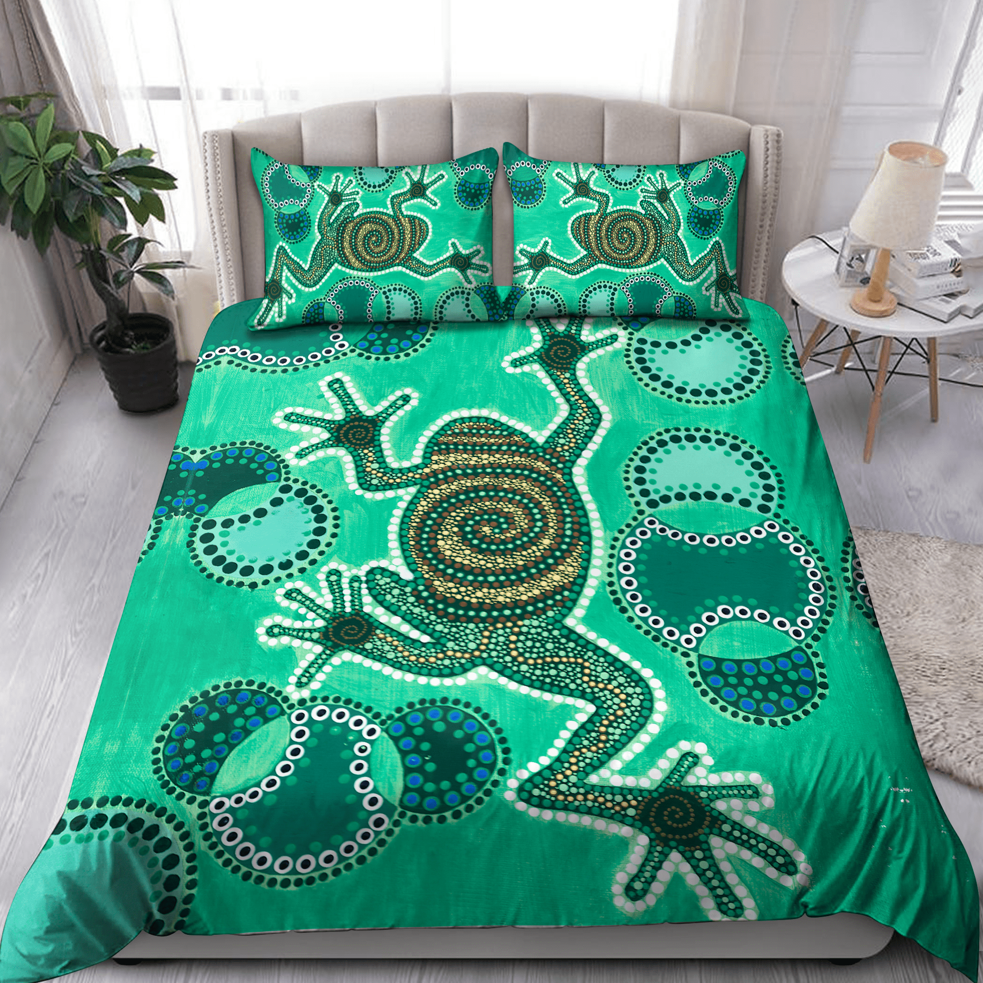 Aboriginal Frog Dots Green Dreamtime Bedding Set   - Bedding Set, Duvet Cover, Quilt, Pillow, Blanket