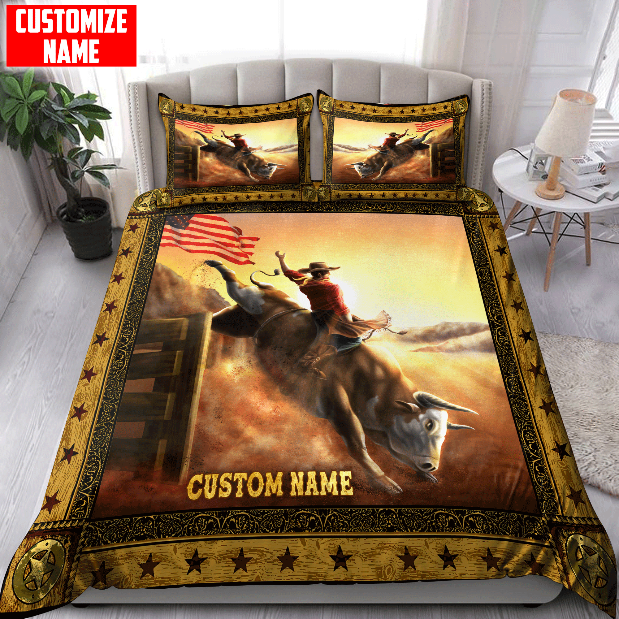 Tmarctee Customized Name Bull Riding Bedding Set DD - Bedding Set, Duvet Cover, Quilt, Pillow, Blanket