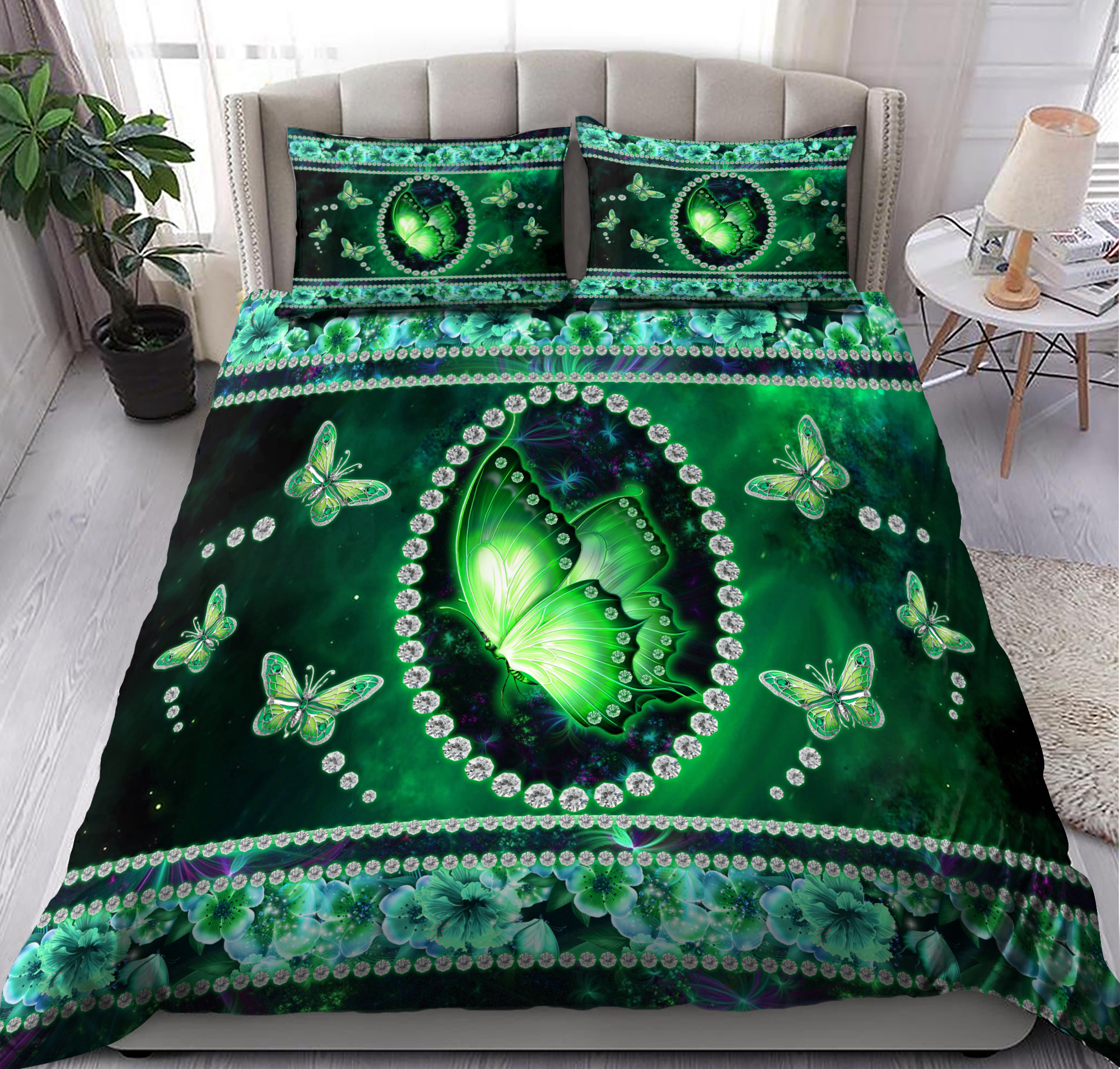 Green Butterfly Bedding Set - Bedding Set, Duvet Cover, Quilt, Pillow, Blanket