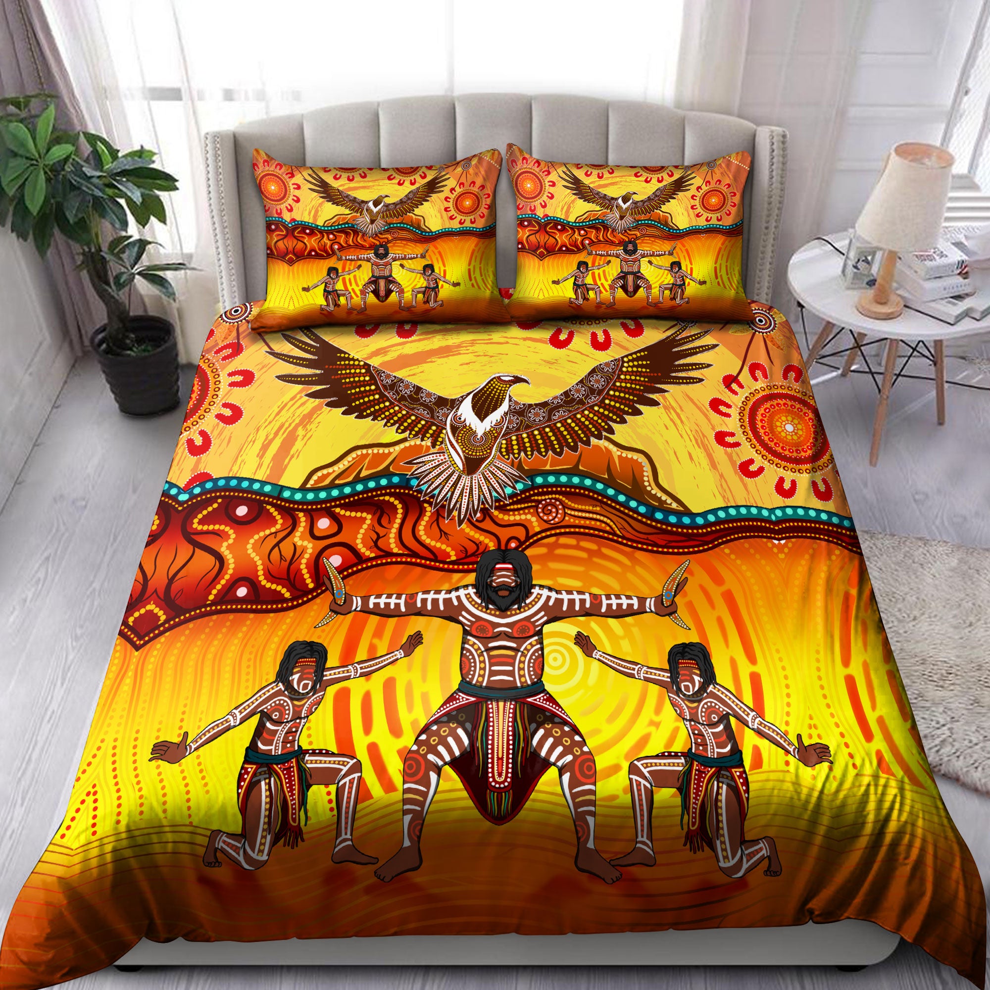 Aboriginal Indigenous Dancing Eagle Orange Bedding Set - Bedding Set, Duvet Cover, Quilt, Pillow, Blanket