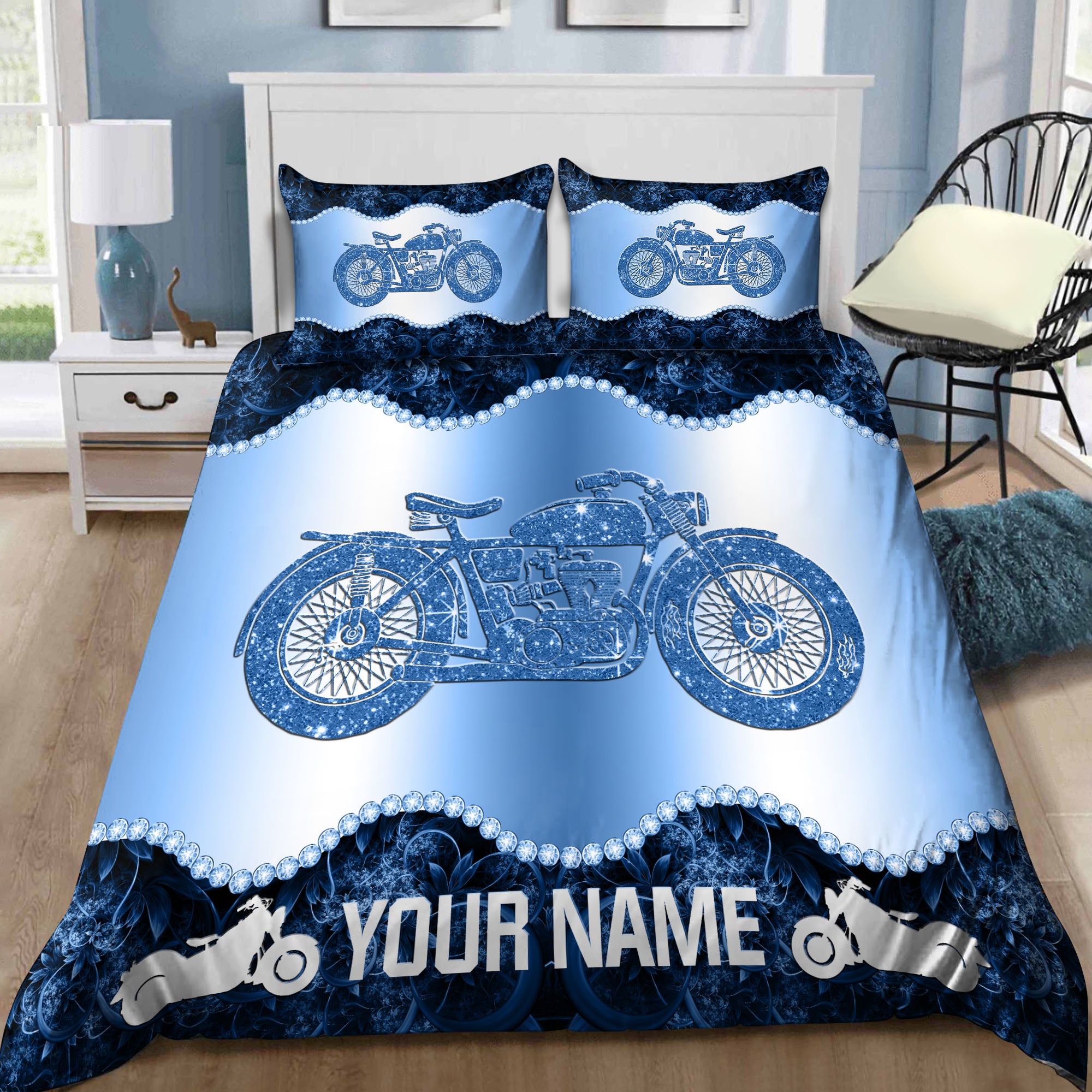 Customized Name MotorBike Bedding Set SN - Bedding Set, Duvet Cover, Quilt, Pillow, Blanket